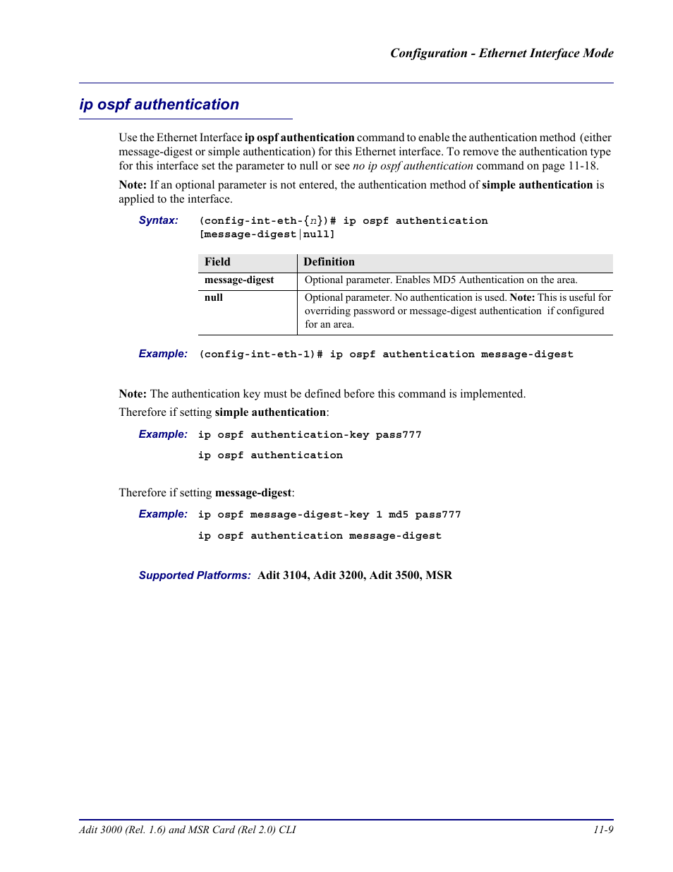Ip ospf authentication, Ip ospf authentication -9 | Carrier Access Adit 3000 Series and Multi-Service Router (MSR) Card none User Manual | Page 253 / 496