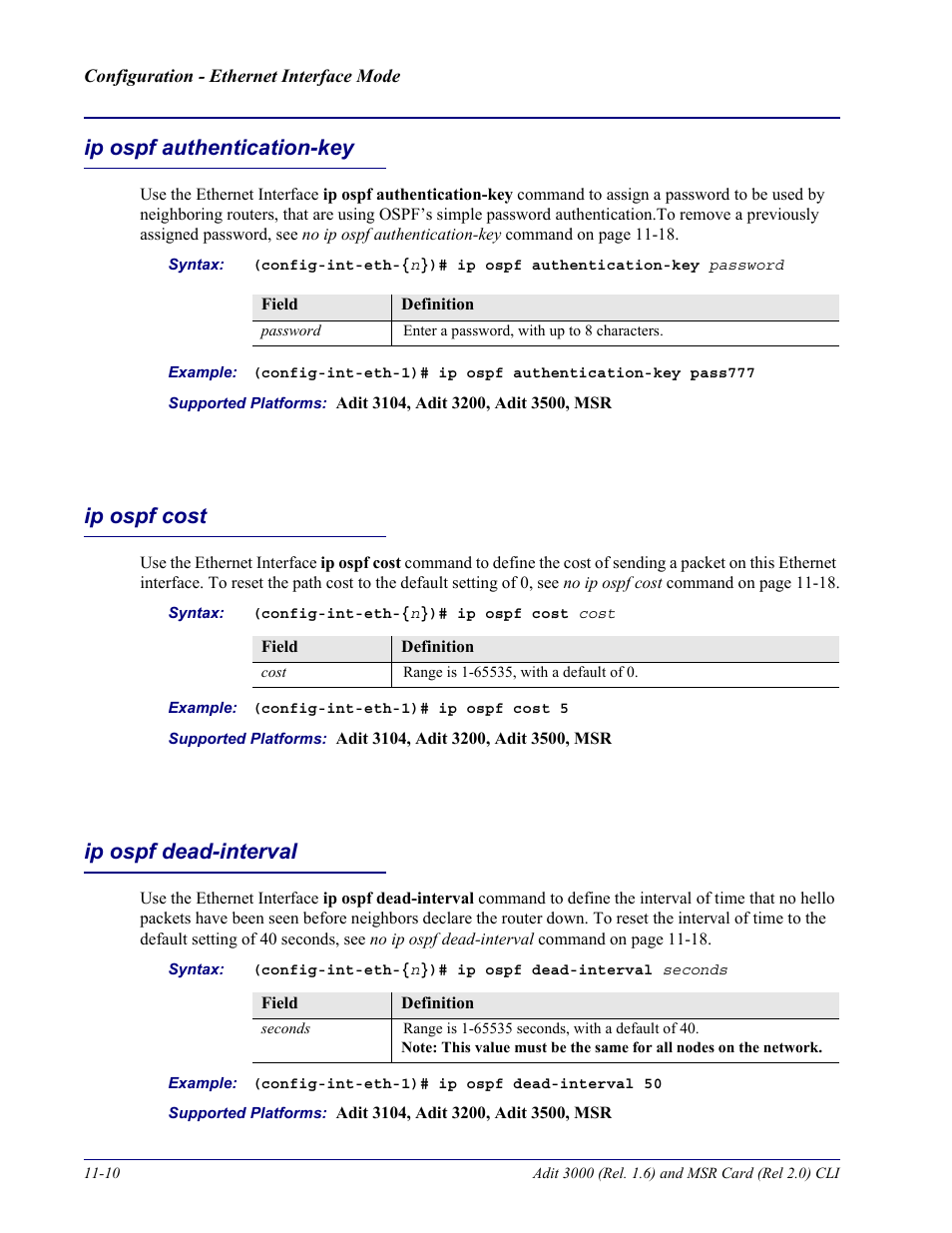 Ip ospf authentication-key, Ip ospf cost, Ip ospf dead-interval | Carrier Access Adit 3000 Series and Multi-Service Router (MSR) Card none User Manual | Page 254 / 496