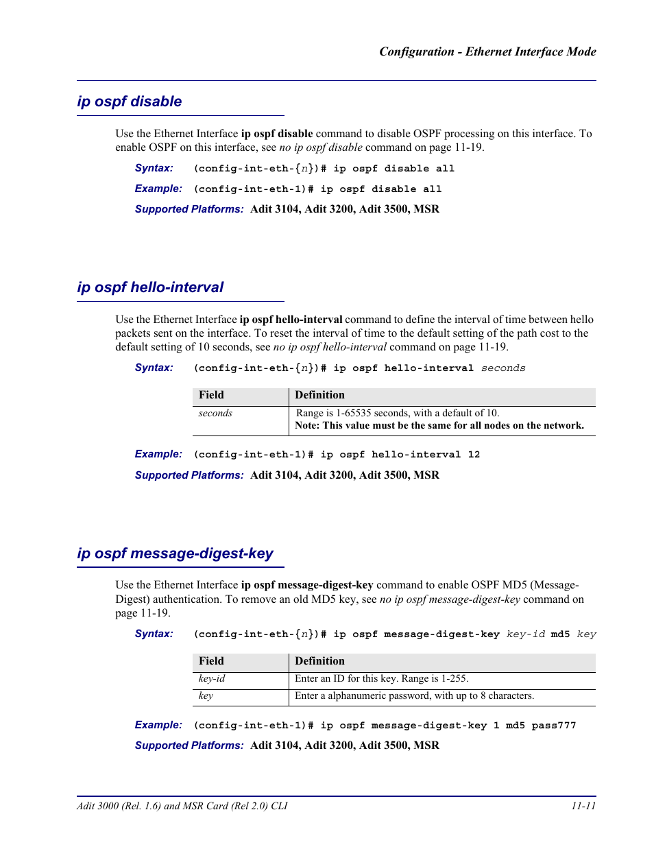 Ip ospf disable, Ip ospf hello-interval, Ip ospf message-digest-key | Carrier Access Adit 3000 Series and Multi-Service Router (MSR) Card none User Manual | Page 255 / 496
