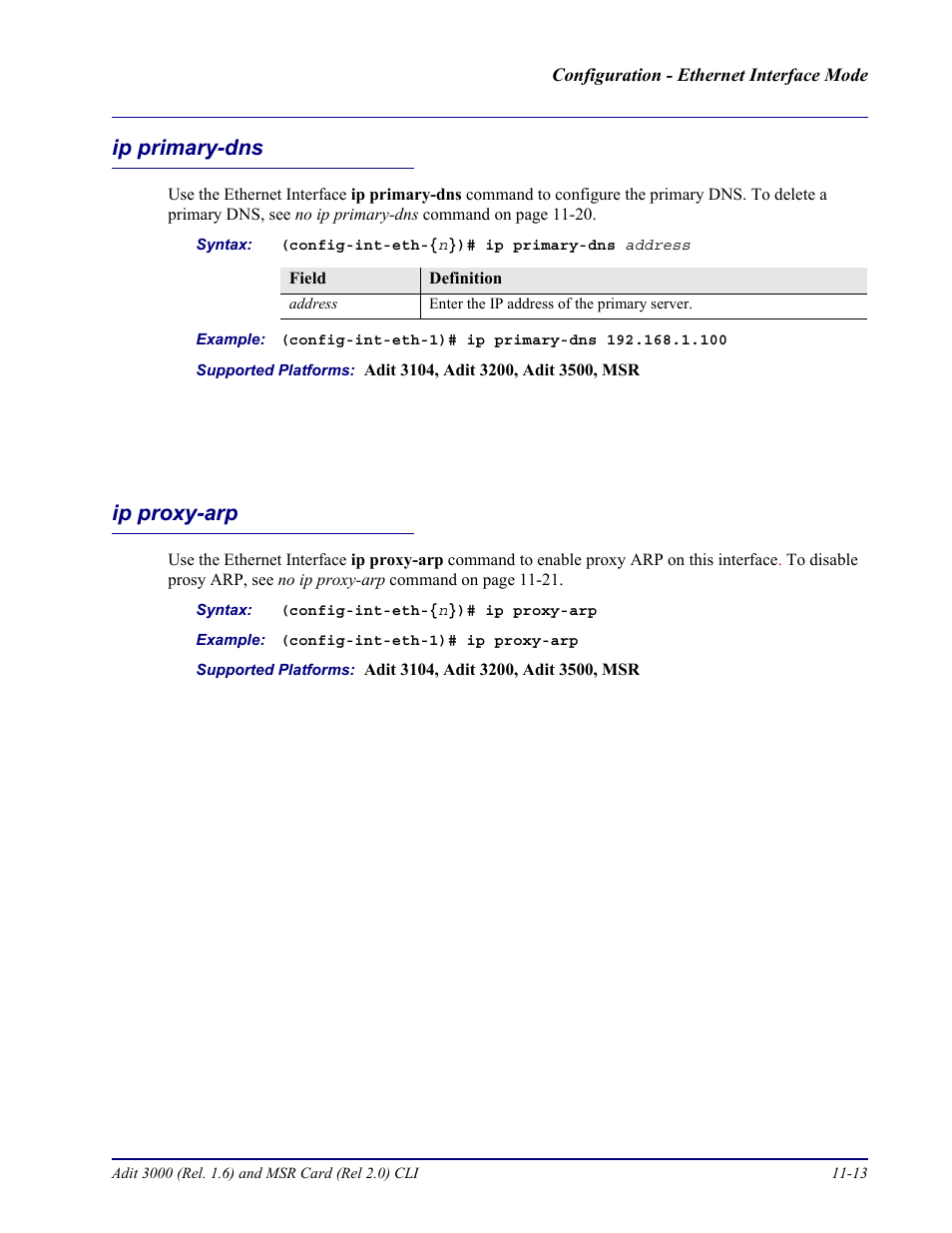 Ip primary-dns, Ip proxy-arp, Ip primary-dns -13 ip proxy-arp -13 | Carrier Access Adit 3000 Series and Multi-Service Router (MSR) Card none User Manual | Page 257 / 496
