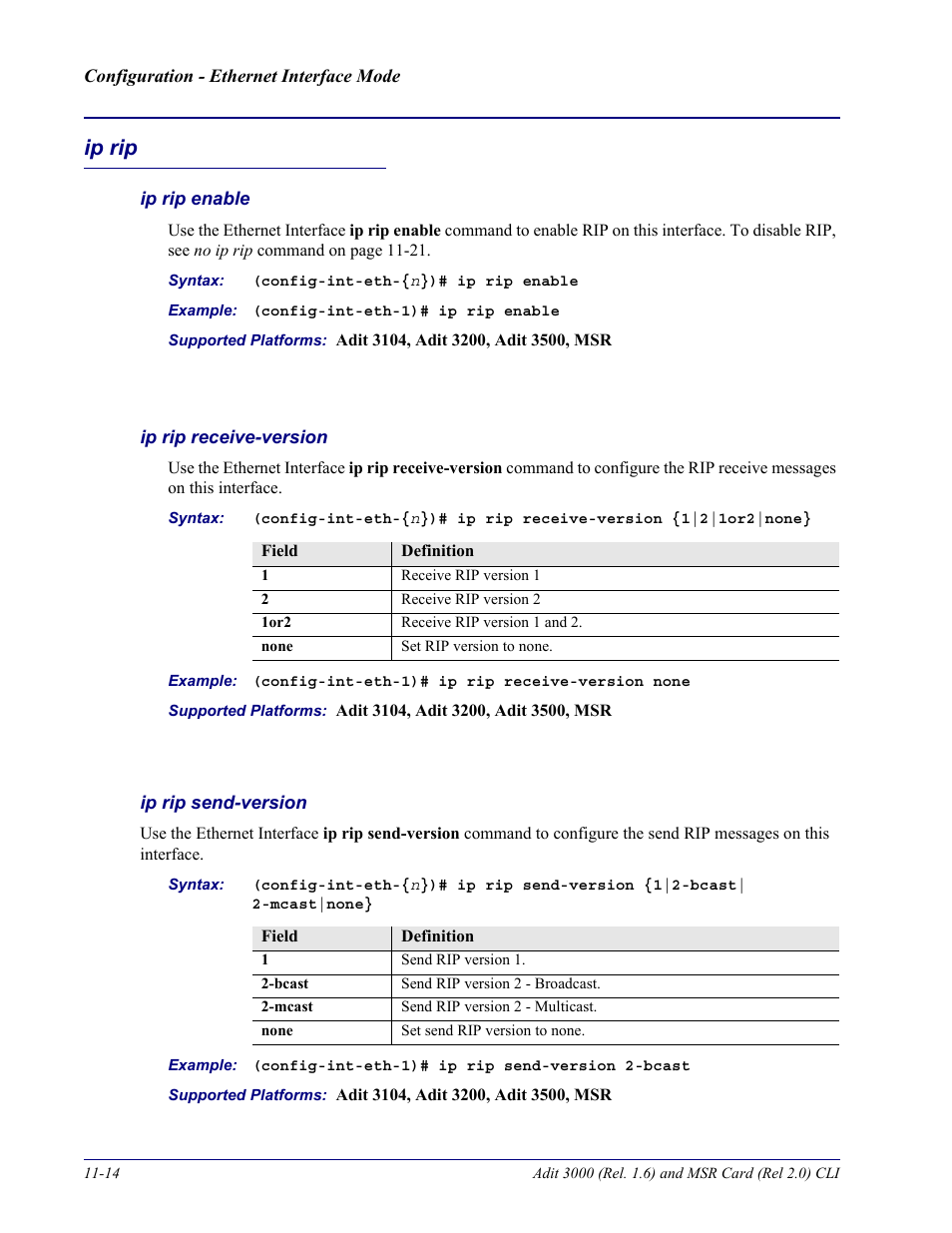Ip rip, Ip rip enable, Ip rip receive-version | Ip rip send-version, Ip rip -14 | Carrier Access Adit 3000 Series and Multi-Service Router (MSR) Card none User Manual | Page 258 / 496