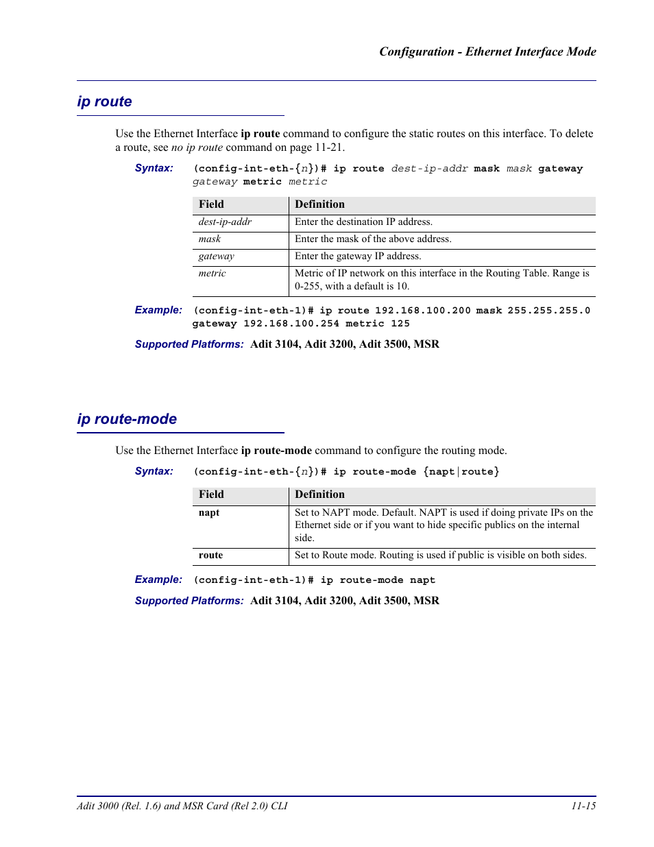 Ip route, Ip route-mode, Ip route -15 ip route-mode -15 | Carrier Access Adit 3000 Series and Multi-Service Router (MSR) Card none User Manual | Page 259 / 496