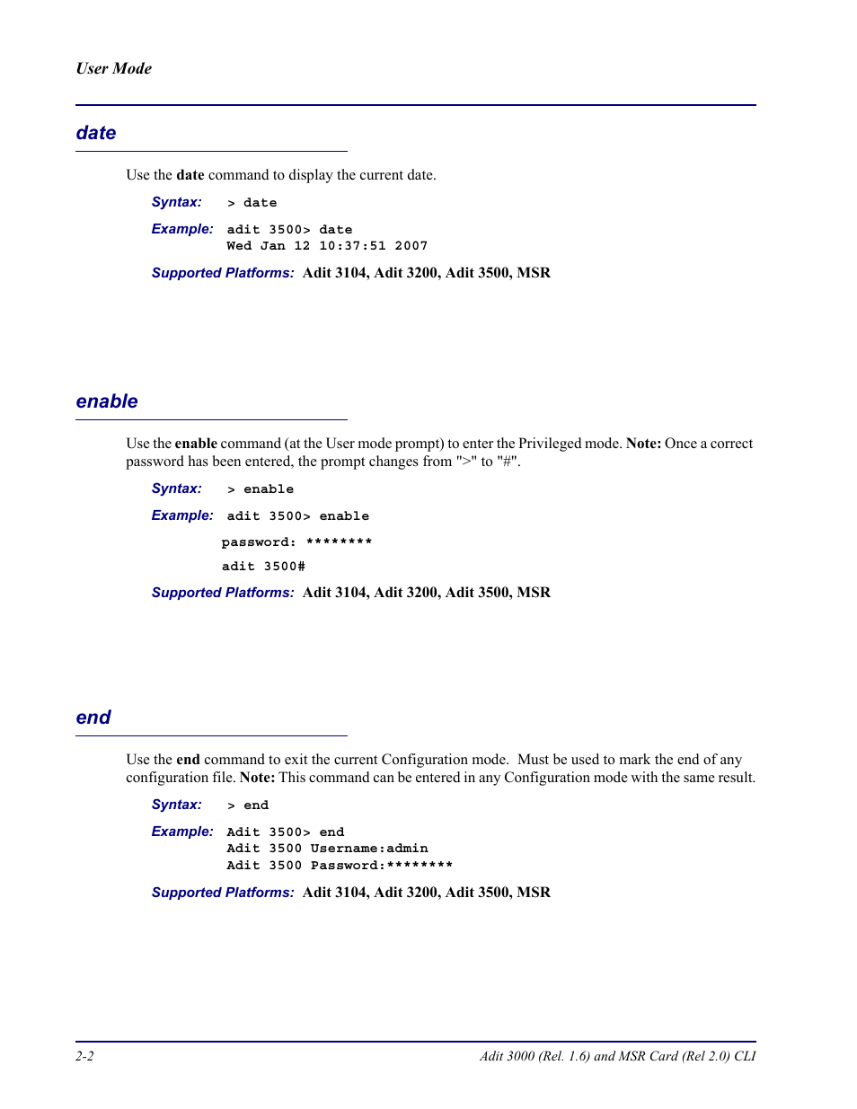 Date, Enable, Date -2 enable -2 end -2 | Carrier Access Adit 3000 Series and Multi-Service Router (MSR) Card none User Manual | Page 26 / 496