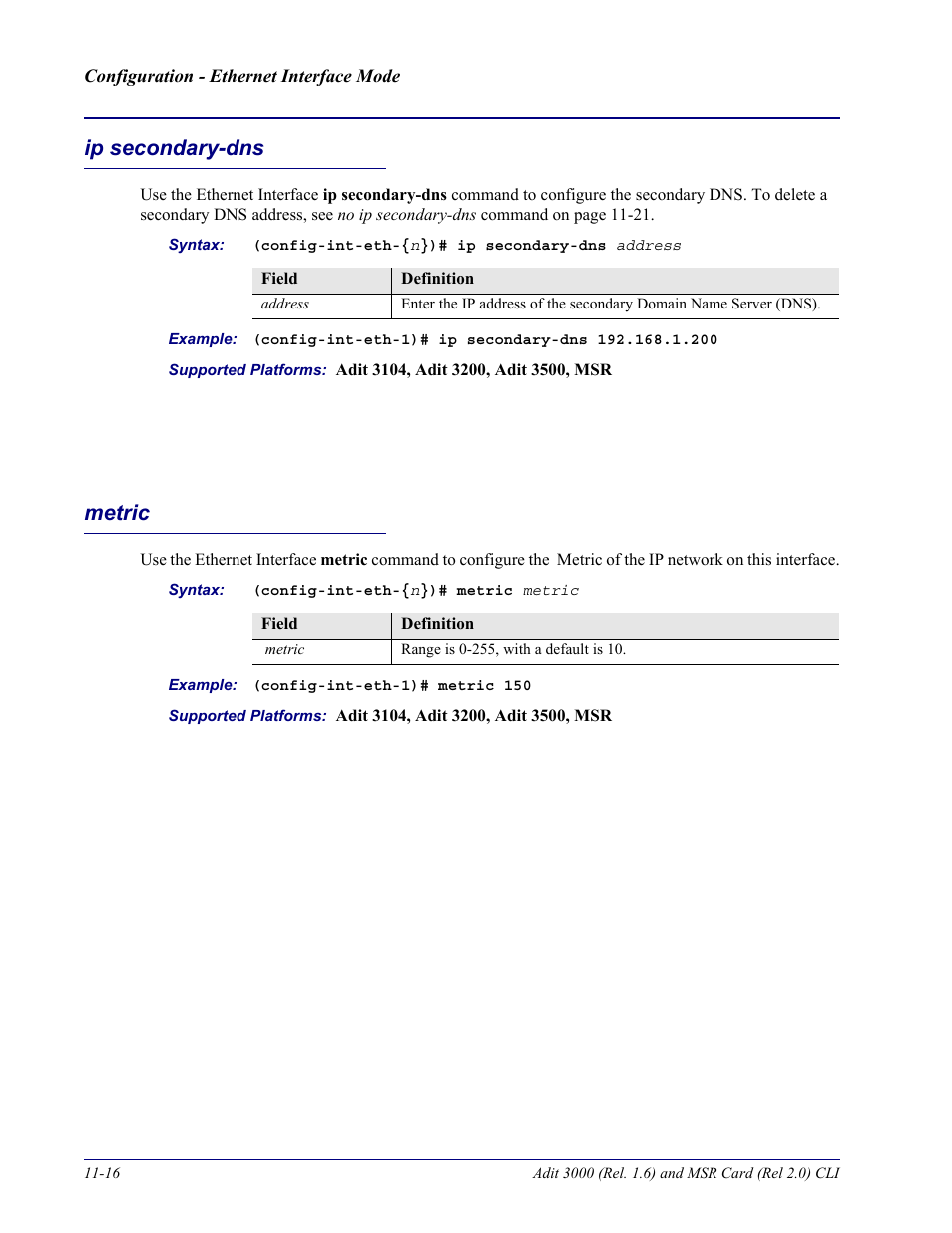 Ip secondary-dns, Metric, Ip secondary-dns -16 metric -16 | Carrier Access Adit 3000 Series and Multi-Service Router (MSR) Card none User Manual | Page 260 / 496