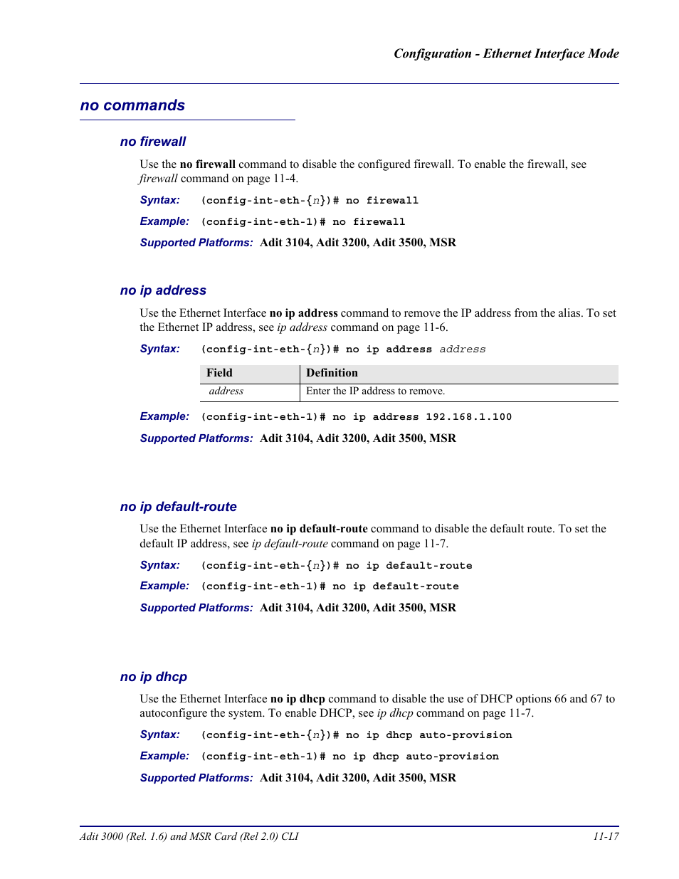 No commands, No firewall, No ip address | No ip default-route, No ip dhcp, No commands -17 | Carrier Access Adit 3000 Series and Multi-Service Router (MSR) Card none User Manual | Page 261 / 496