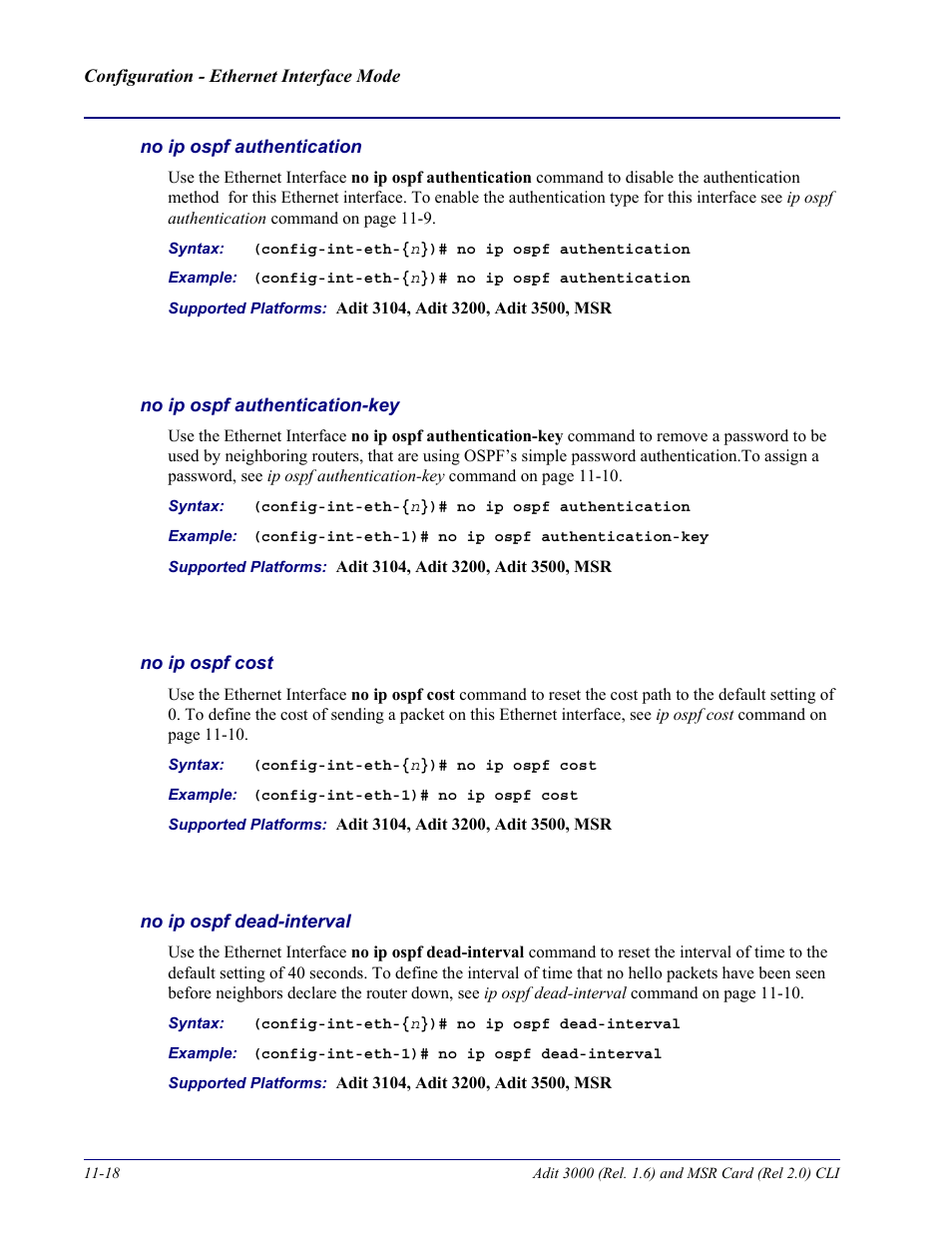 No ip ospf authentication, No ip ospf authentication-key, No ip ospf cost | No ip ospf dead-interval | Carrier Access Adit 3000 Series and Multi-Service Router (MSR) Card none User Manual | Page 262 / 496