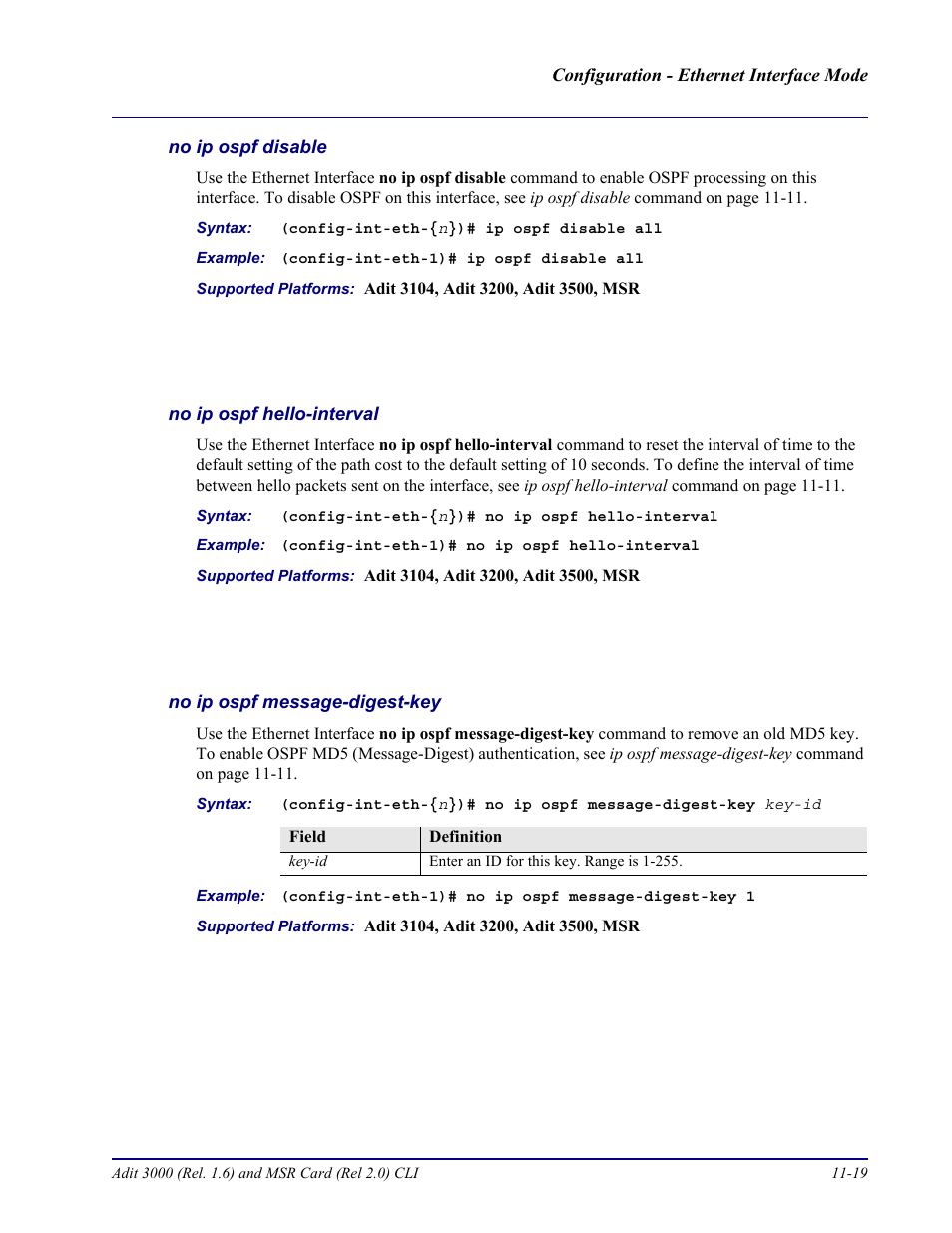 No ip ospf disable, No ip ospf hello-interval, No ip ospf message-digest-key | Carrier Access Adit 3000 Series and Multi-Service Router (MSR) Card none User Manual | Page 263 / 496