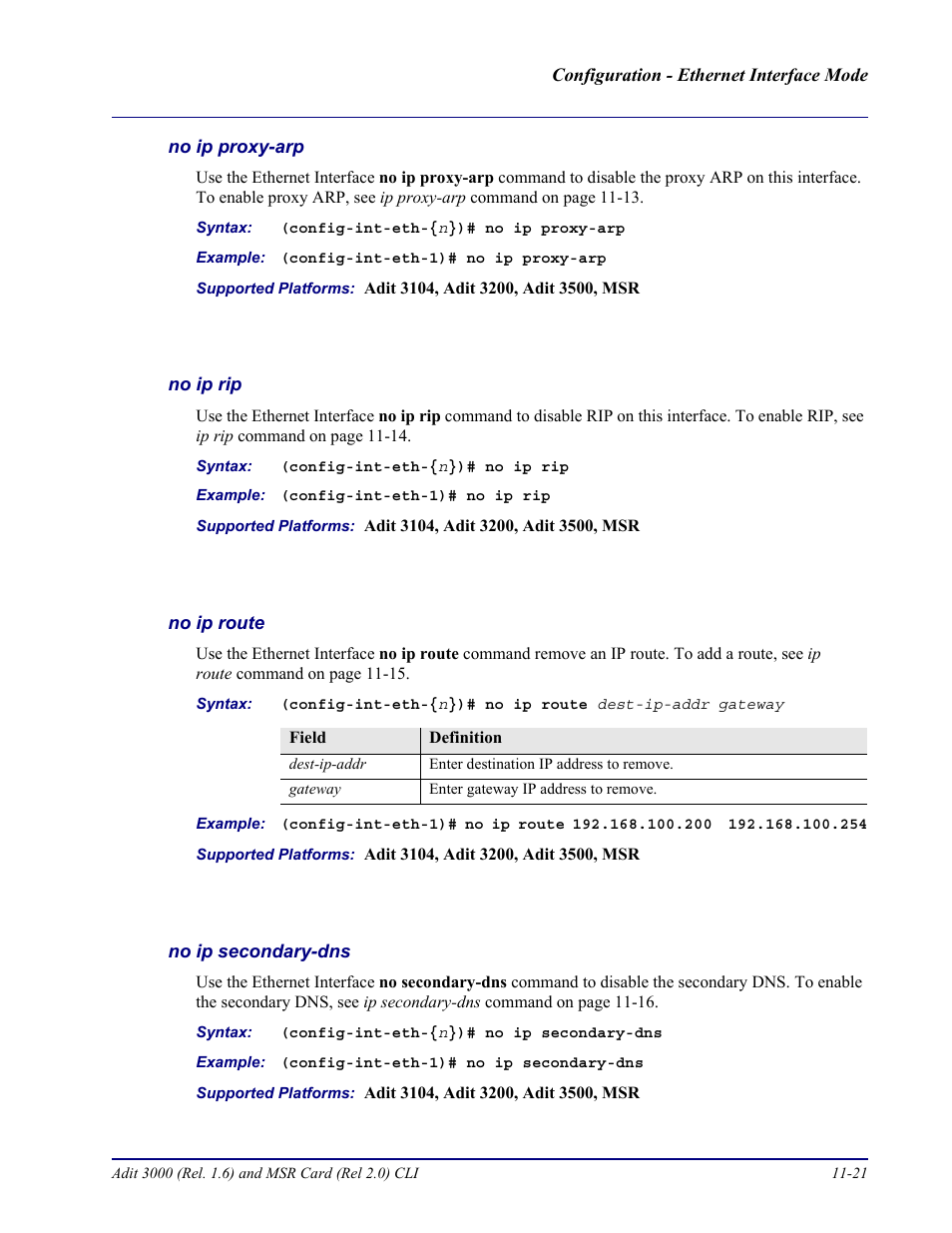 No ip proxy-arp, No ip rip, No ip route | No ip secondary-dns | Carrier Access Adit 3000 Series and Multi-Service Router (MSR) Card none User Manual | Page 265 / 496