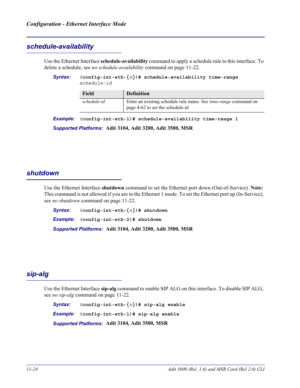 Schedule-availability, Shutdown, Sip-alg | Schedule-availability -24 shutdown -24 sip-alg -24 | Carrier Access Adit 3000 Series and Multi-Service Router (MSR) Card none User Manual | Page 268 / 496