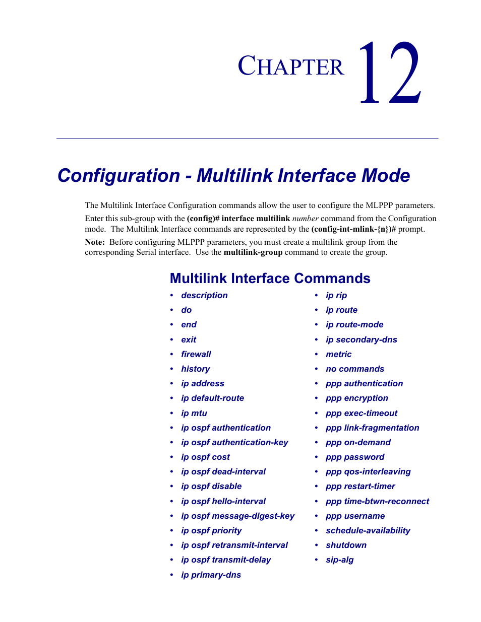 12–configuration - multilink interface mode, Configuration - multilink interface mode, Hapter | Multilink interface commands | Carrier Access Adit 3000 Series and Multi-Service Router (MSR) Card none User Manual | Page 271 / 496
