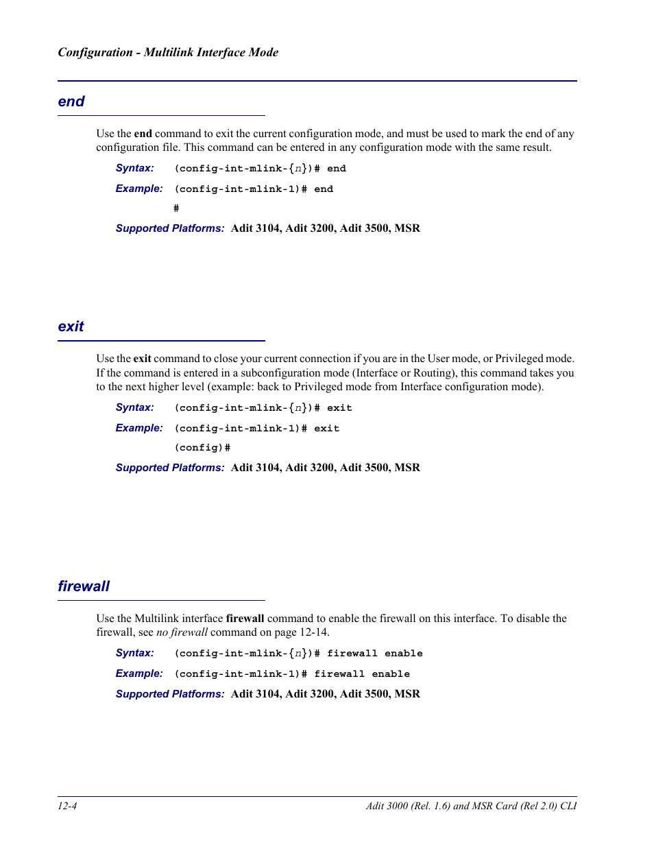 Exit, Firewall, End -4 exit -4 firewall -4 | Carrier Access Adit 3000 Series and Multi-Service Router (MSR) Card none User Manual | Page 274 / 496