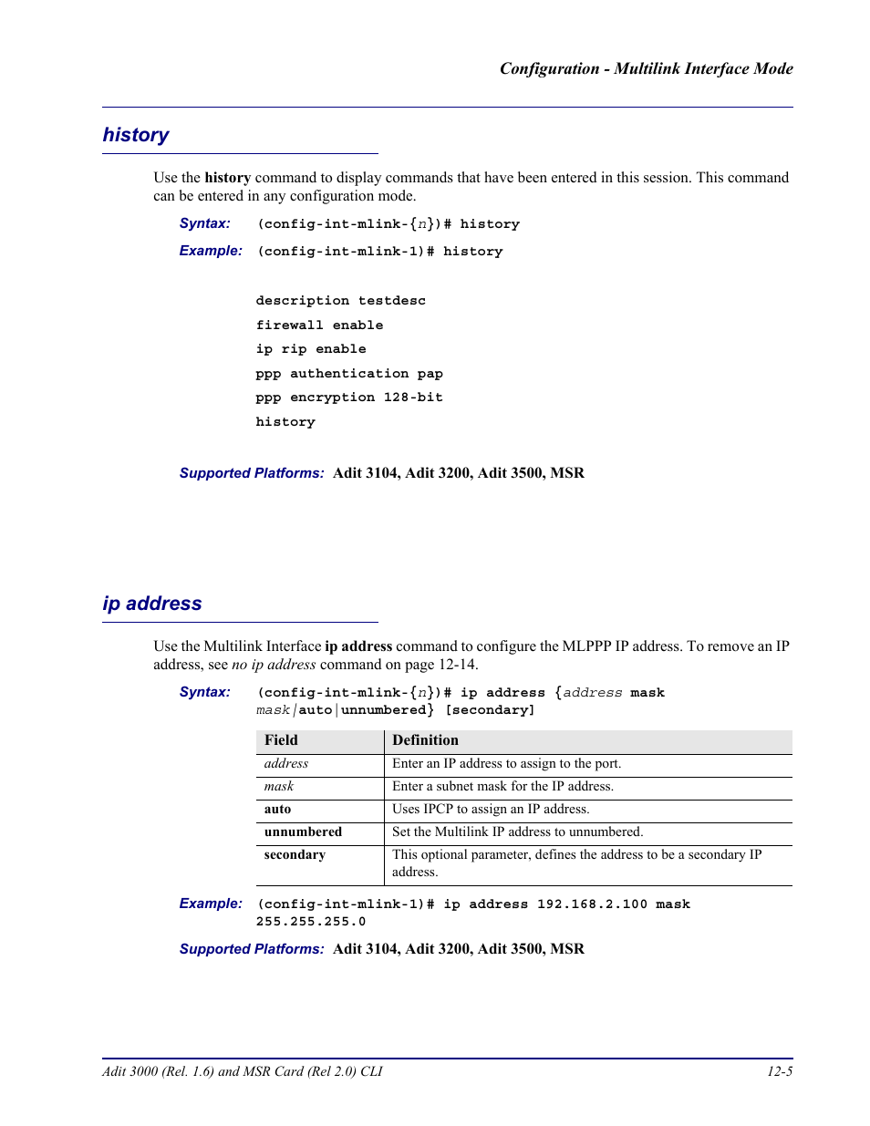 History, Ip address, History -5 ip address -5 | Carrier Access Adit 3000 Series and Multi-Service Router (MSR) Card none User Manual | Page 275 / 496