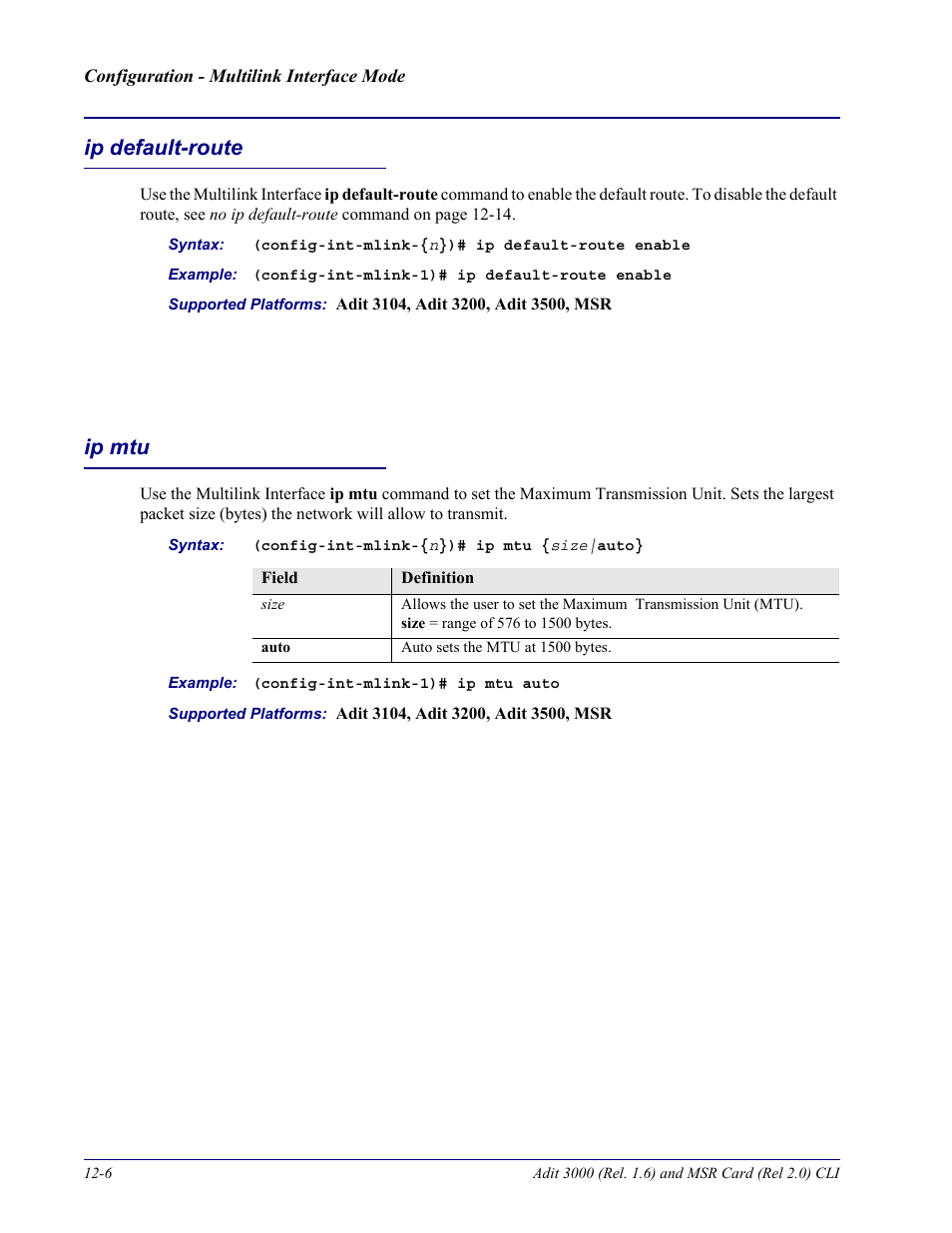 Ip default-route, Ip mtu, Ip default-route -6 ip mtu -6 | Carrier Access Adit 3000 Series and Multi-Service Router (MSR) Card none User Manual | Page 276 / 496