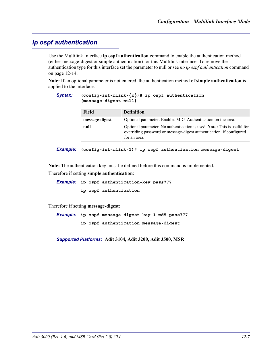 Ip ospf authentication, Ip ospf authentication -7 | Carrier Access Adit 3000 Series and Multi-Service Router (MSR) Card none User Manual | Page 277 / 496