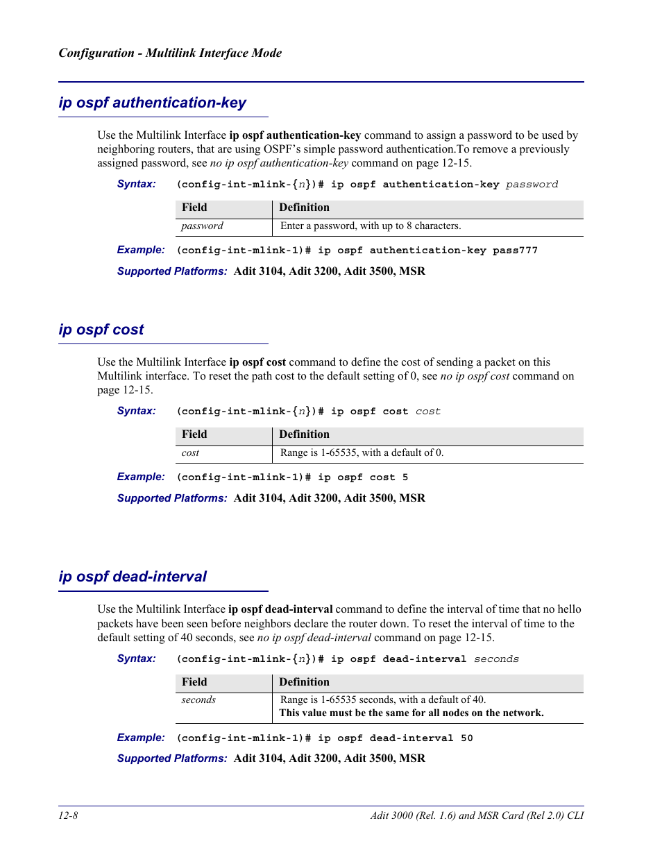 Ip ospf authentication-key, Ip ospf cost, Ip ospf dead-interval | Carrier Access Adit 3000 Series and Multi-Service Router (MSR) Card none User Manual | Page 278 / 496
