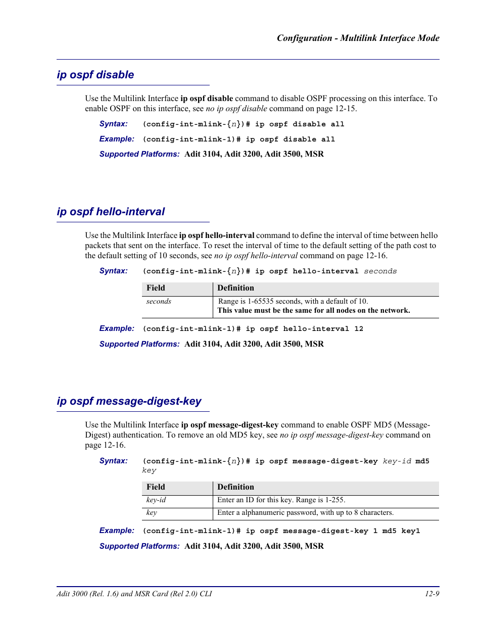 Ip ospf disable, Ip ospf hello-interval, Ip ospf message-digest-key | Carrier Access Adit 3000 Series and Multi-Service Router (MSR) Card none User Manual | Page 279 / 496