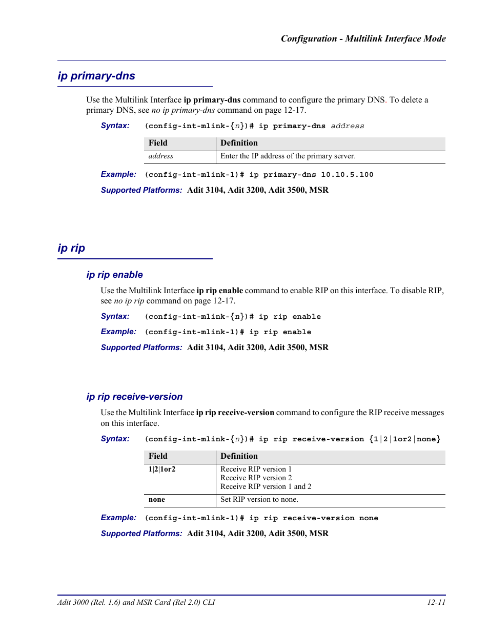 Ip primary-dns, Ip rip, Ip rip enable | Ip rip receive-version, Ip primary-dns -11 ip rip -11 | Carrier Access Adit 3000 Series and Multi-Service Router (MSR) Card none User Manual | Page 281 / 496