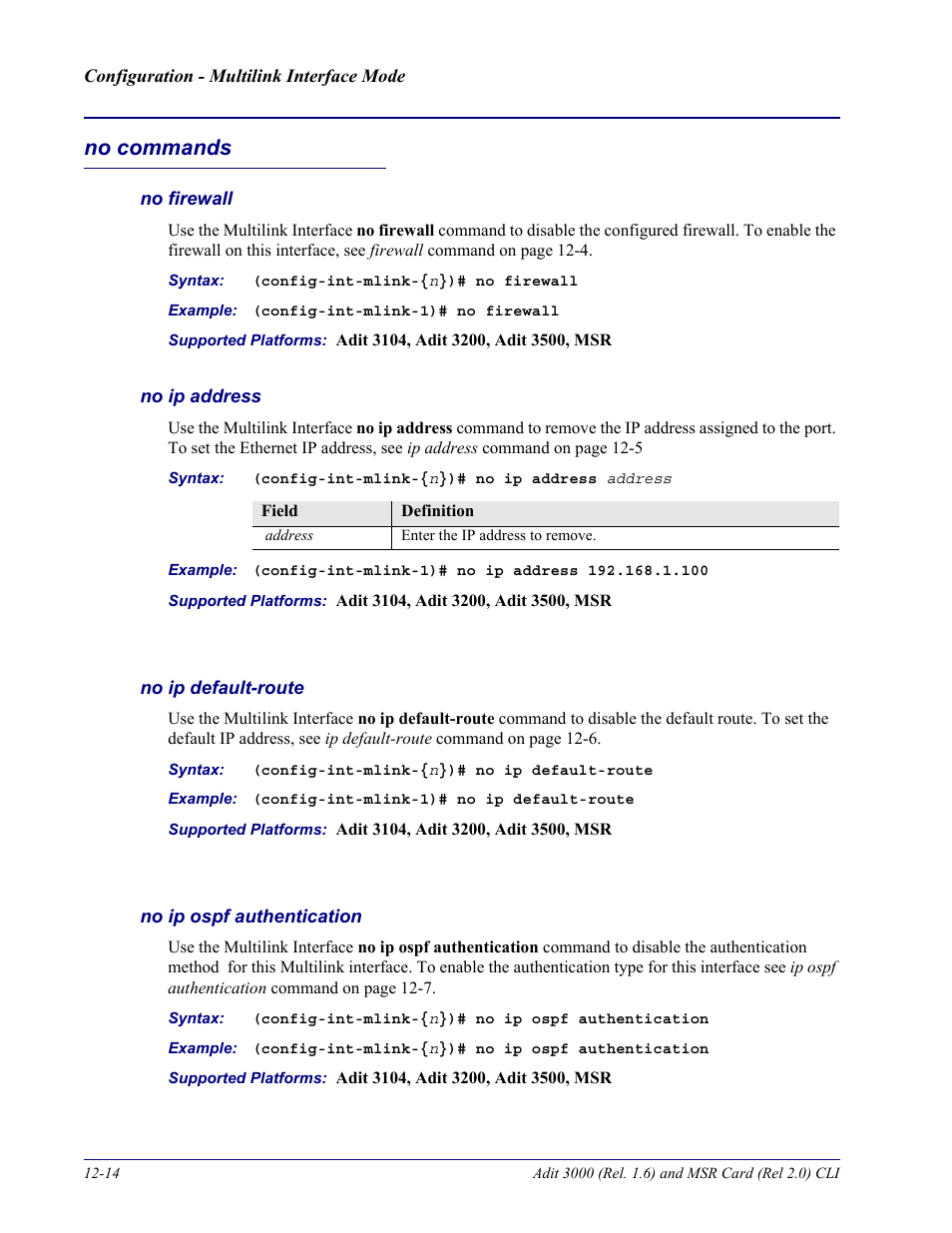 No commands, No firewall, No ip address | No ip default-route, No ip ospf authentication, No commands -14 | Carrier Access Adit 3000 Series and Multi-Service Router (MSR) Card none User Manual | Page 284 / 496