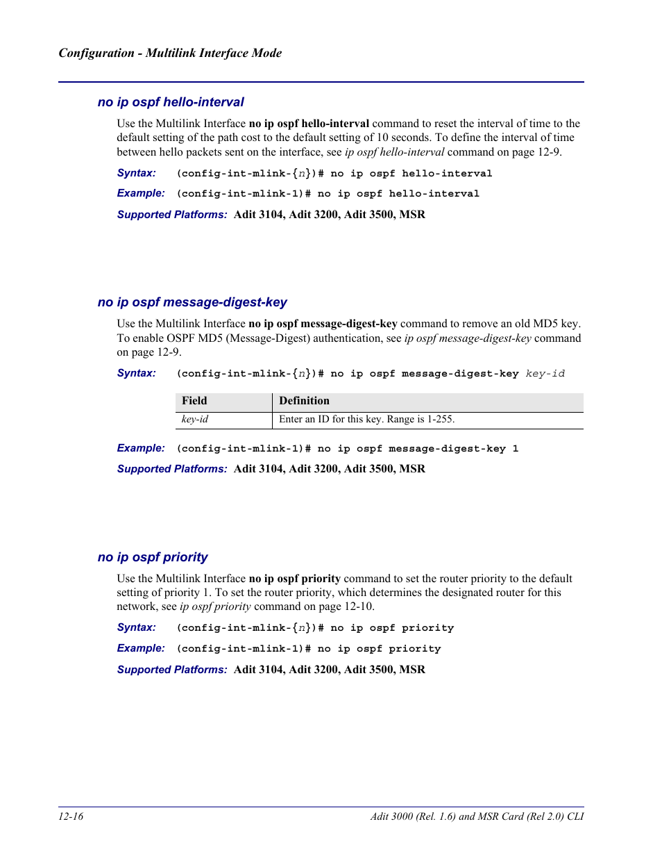 No ip ospf hello-interval, No ip ospf message-digest-key, No ip ospf priority | Carrier Access Adit 3000 Series and Multi-Service Router (MSR) Card none User Manual | Page 286 / 496