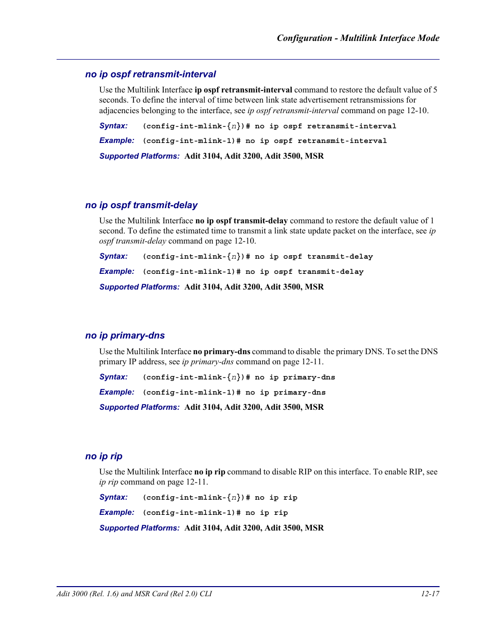 No ip ospf retransmit-interval, No ip ospf transmit-delay, No ip primary-dns | No ip rip | Carrier Access Adit 3000 Series and Multi-Service Router (MSR) Card none User Manual | Page 287 / 496
