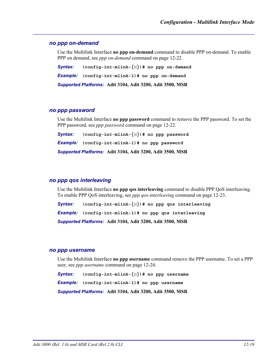 No ppp on-demand, No ppp password, No ppp qos interleaving | No ppp username | Carrier Access Adit 3000 Series and Multi-Service Router (MSR) Card none User Manual | Page 289 / 496