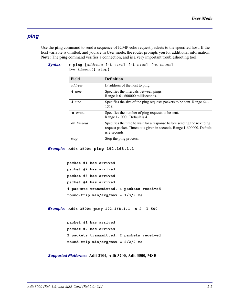 Ping, Ping -5 | Carrier Access Adit 3000 Series and Multi-Service Router (MSR) Card none User Manual | Page 29 / 496