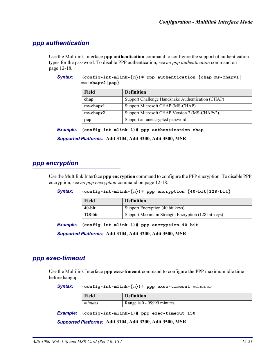 Ppp authentication, Ppp encryption, Ppp exec-timeout | Carrier Access Adit 3000 Series and Multi-Service Router (MSR) Card none User Manual | Page 291 / 496