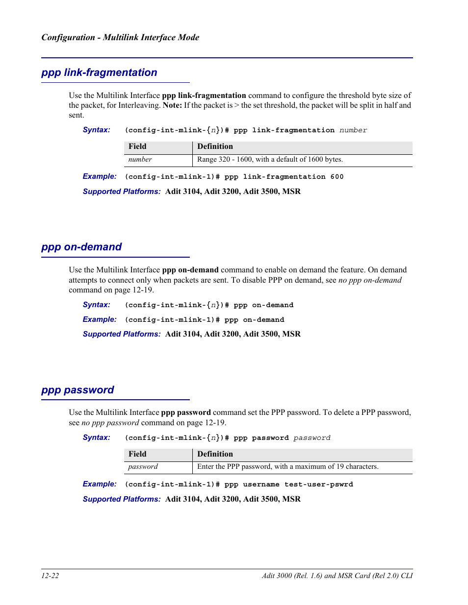 Ppp link-fragmentation, Ppp on-demand, Ppp password | Carrier Access Adit 3000 Series and Multi-Service Router (MSR) Card none User Manual | Page 292 / 496