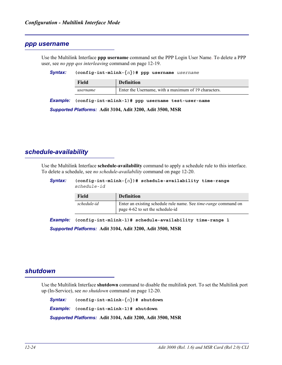 Ppp username, Schedule-availability, Shutdown | Carrier Access Adit 3000 Series and Multi-Service Router (MSR) Card none User Manual | Page 294 / 496