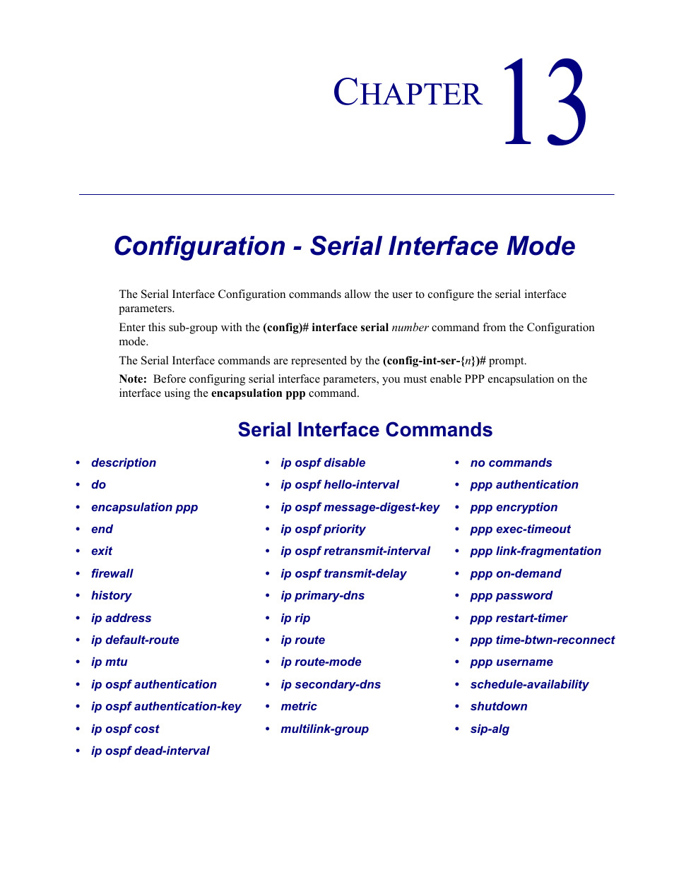 13–configuration - serial interface mode, Configuration - serial interface mode, Chapter 13, configuration - serial interface mode | Hapter, Serial interface commands | Carrier Access Adit 3000 Series and Multi-Service Router (MSR) Card none User Manual | Page 297 / 496