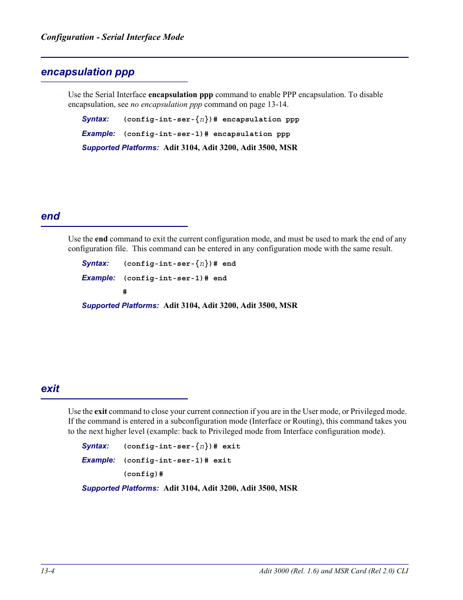 Encapsulation ppp, Exit, Encapsulation ppp -4 end -4 exit -4 | Face using the encapsulation ppp command | Carrier Access Adit 3000 Series and Multi-Service Router (MSR) Card none User Manual | Page 300 / 496
