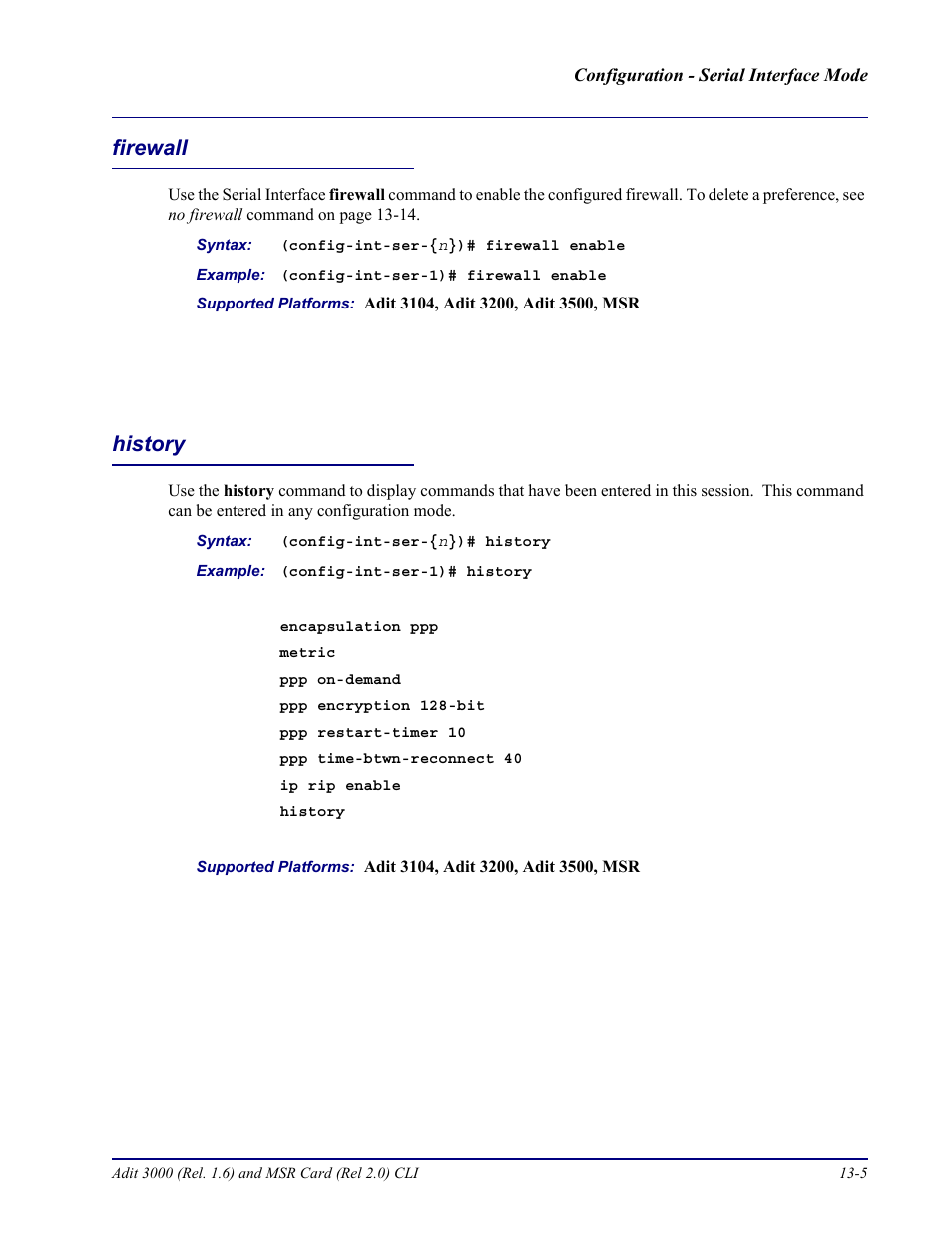 Firewall, History, Firewall -5 history -5 | Carrier Access Adit 3000 Series and Multi-Service Router (MSR) Card none User Manual | Page 301 / 496