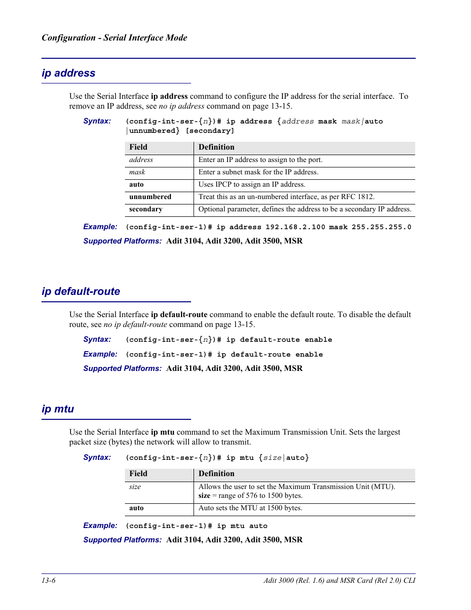 Ip address, Ip default-route, Ip mtu | Ip address -6 ip default-route -6 ip mtu -6 | Carrier Access Adit 3000 Series and Multi-Service Router (MSR) Card none User Manual | Page 302 / 496
