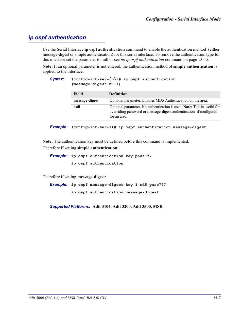 Ip ospf authentication, Ip ospf authentication -7 | Carrier Access Adit 3000 Series and Multi-Service Router (MSR) Card none User Manual | Page 303 / 496