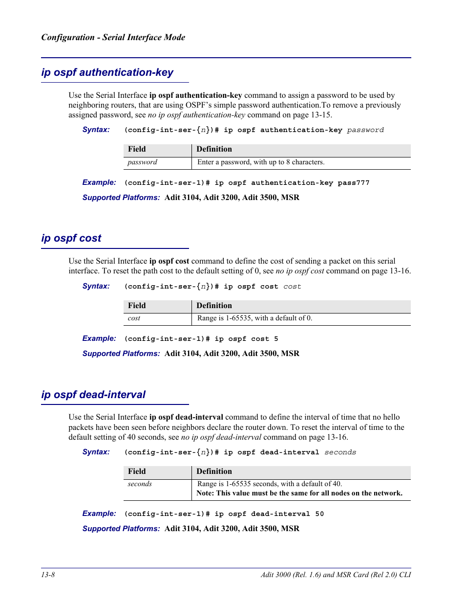 Ip ospf authentication-key, Ip ospf cost, Ip ospf dead-interval | Carrier Access Adit 3000 Series and Multi-Service Router (MSR) Card none User Manual | Page 304 / 496