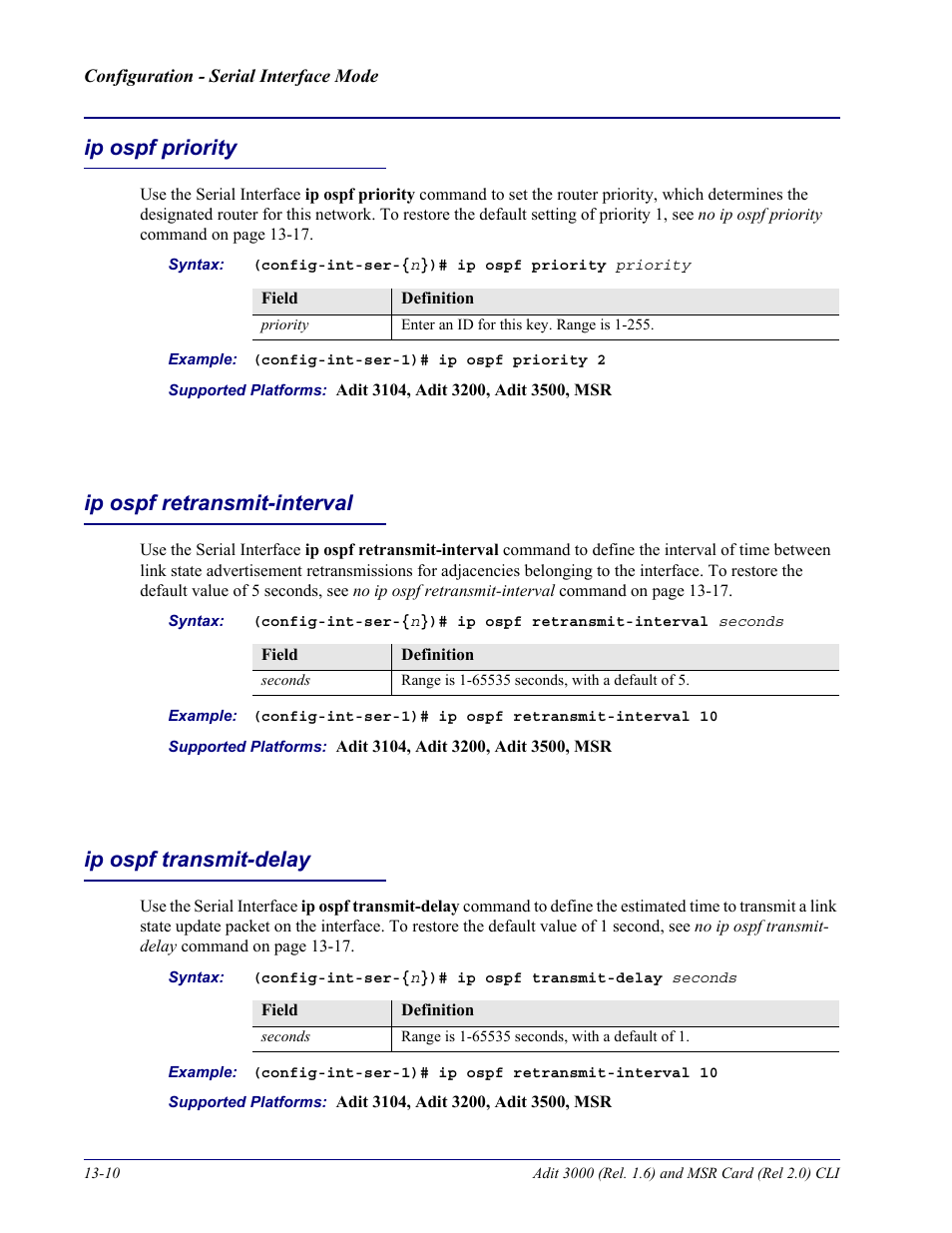 Ip ospf priority, Ip ospf retransmit-interval, Ip ospf transmit-delay | Carrier Access Adit 3000 Series and Multi-Service Router (MSR) Card none User Manual | Page 306 / 496
