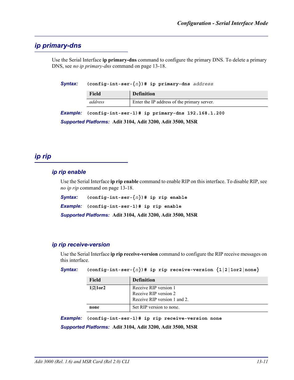 Ip primary-dns, Ip rip, Ip rip enable | Ip rip receive-version, Ip primary-dns -11 ip rip -11 | Carrier Access Adit 3000 Series and Multi-Service Router (MSR) Card none User Manual | Page 307 / 496