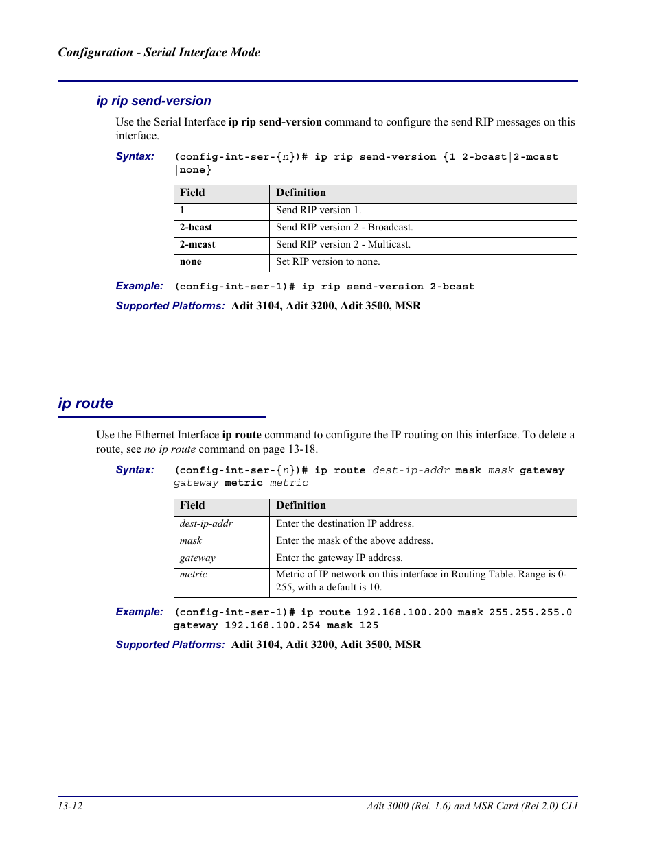Ip rip send-version, Ip route, Ip route -12 | Carrier Access Adit 3000 Series and Multi-Service Router (MSR) Card none User Manual | Page 308 / 496