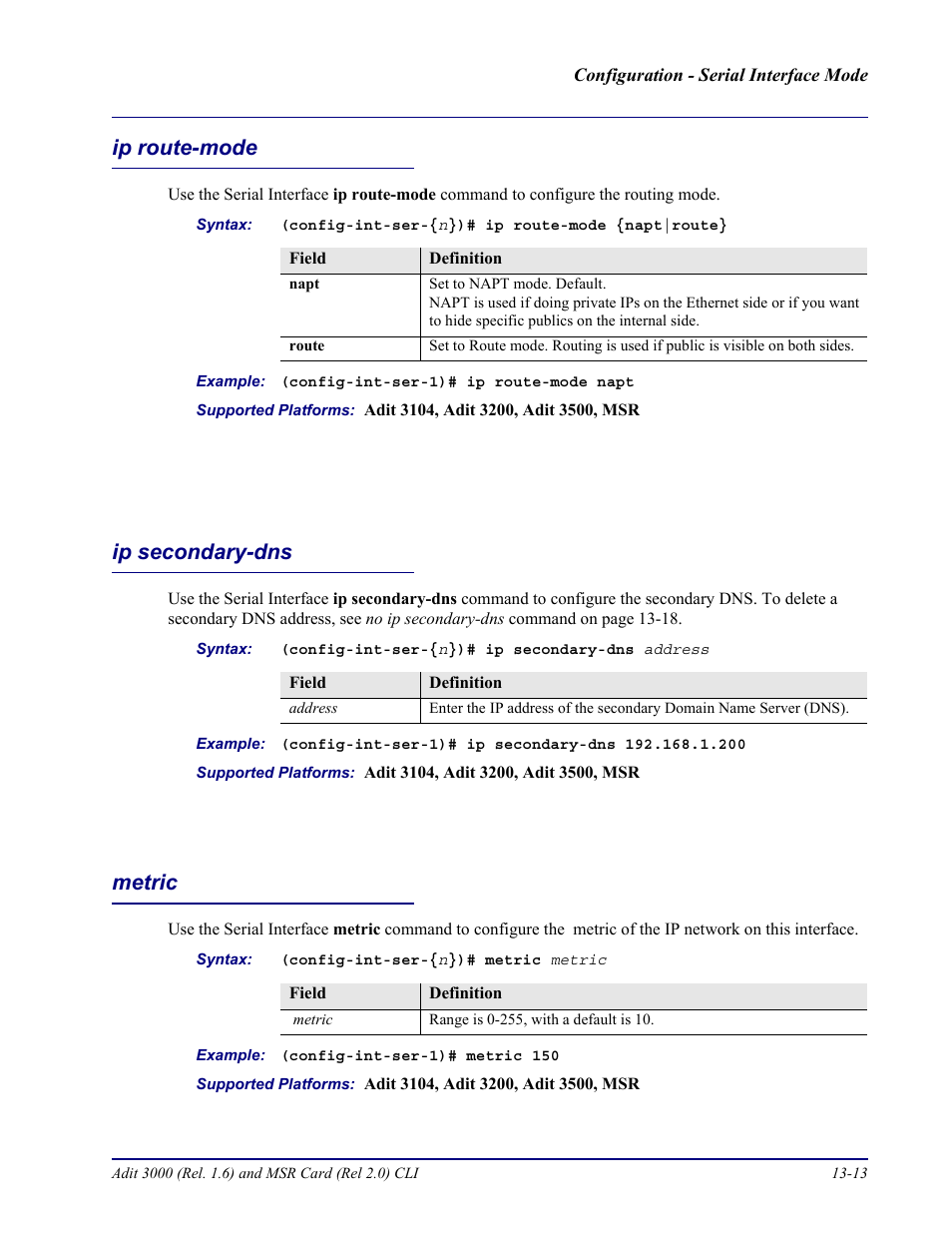 Ip route-mode, Ip secondary-dns, Metric | Ip route-mode -13 ip secondary-dns -13 metric -13 | Carrier Access Adit 3000 Series and Multi-Service Router (MSR) Card none User Manual | Page 309 / 496