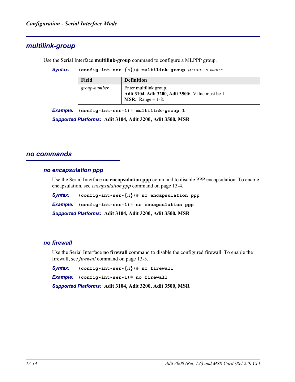 Multilink-group, No commands, No encapsulation ppp | No firewall, Multilink-group -14 no commands -14 | Carrier Access Adit 3000 Series and Multi-Service Router (MSR) Card none User Manual | Page 310 / 496