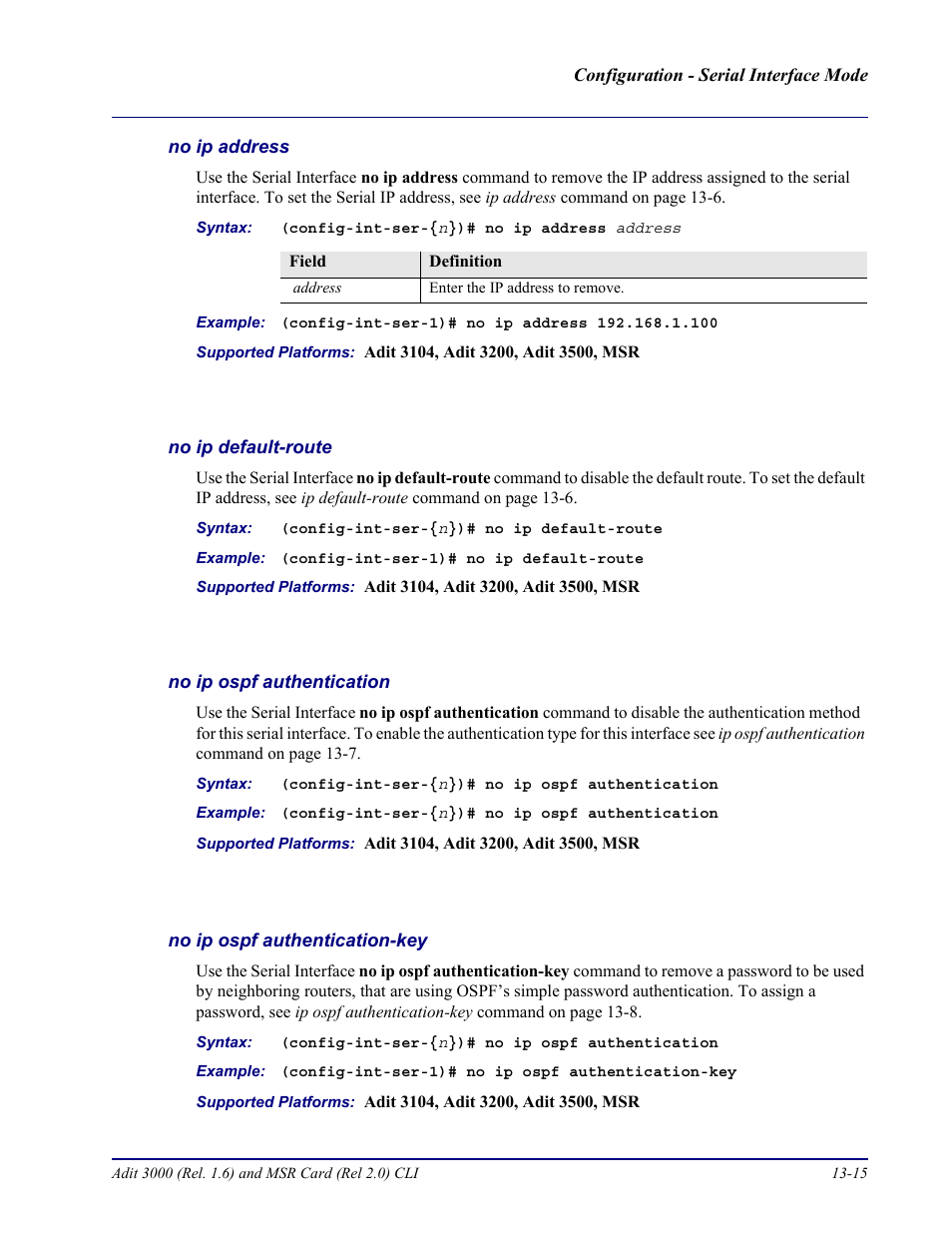 No ip address, No ip default-route, No ip ospf authentication | No ip ospf authentication-key | Carrier Access Adit 3000 Series and Multi-Service Router (MSR) Card none User Manual | Page 311 / 496