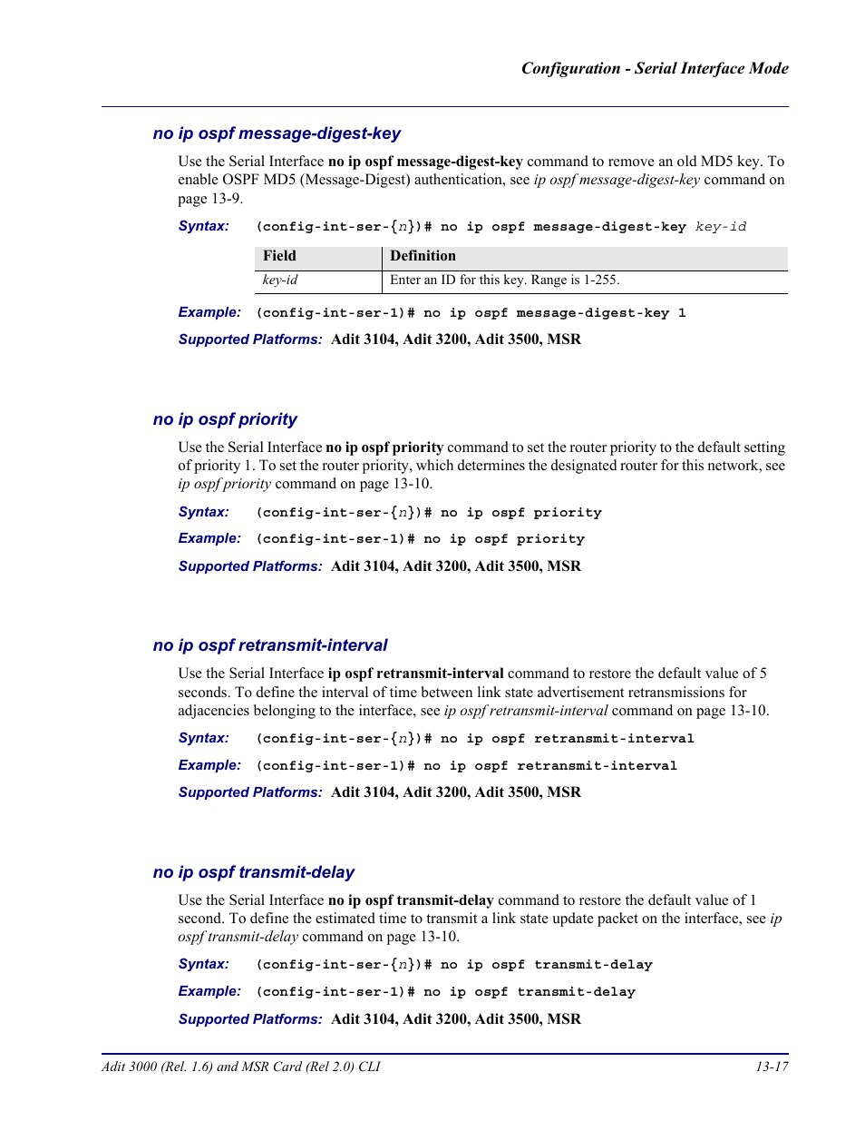 No ip ospf message-digest-key, No ip ospf priority, No ip ospf retransmit-interval | No ip ospf transmit-delay | Carrier Access Adit 3000 Series and Multi-Service Router (MSR) Card none User Manual | Page 313 / 496