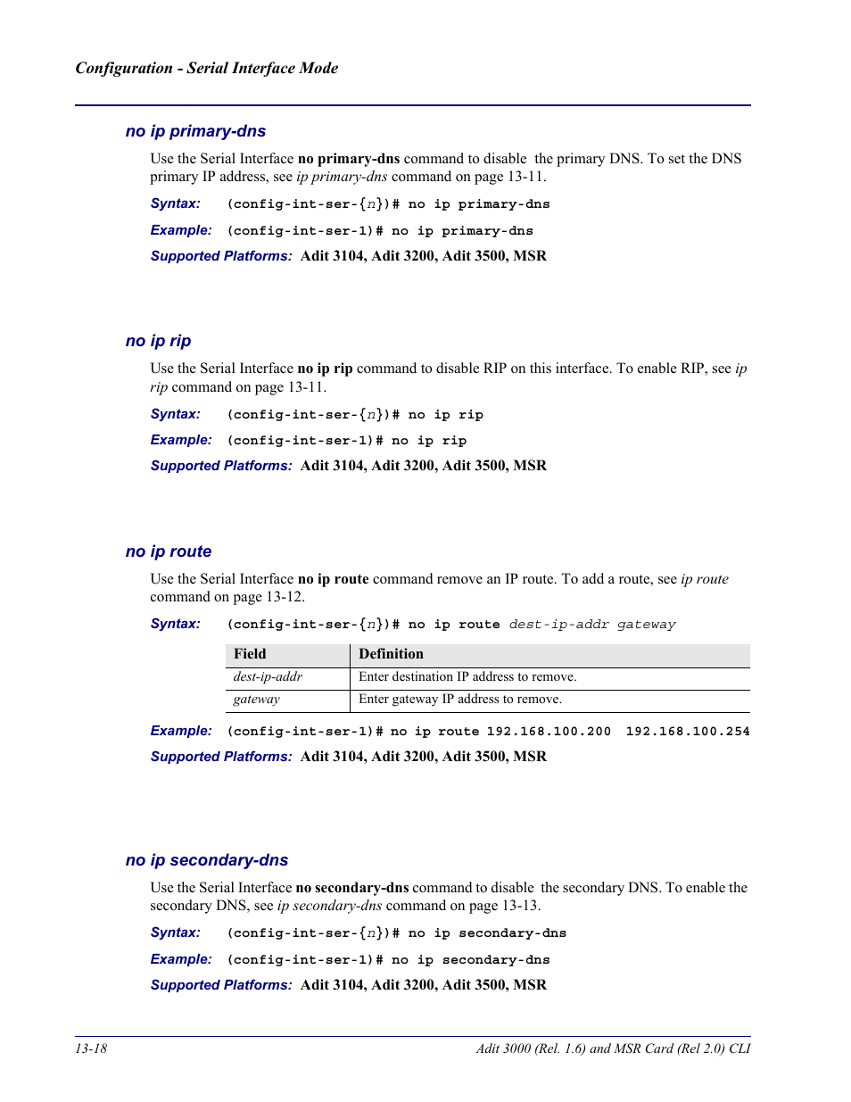 No ip primary-dns, No ip rip, No ip route | No ip secondary-dns | Carrier Access Adit 3000 Series and Multi-Service Router (MSR) Card none User Manual | Page 314 / 496