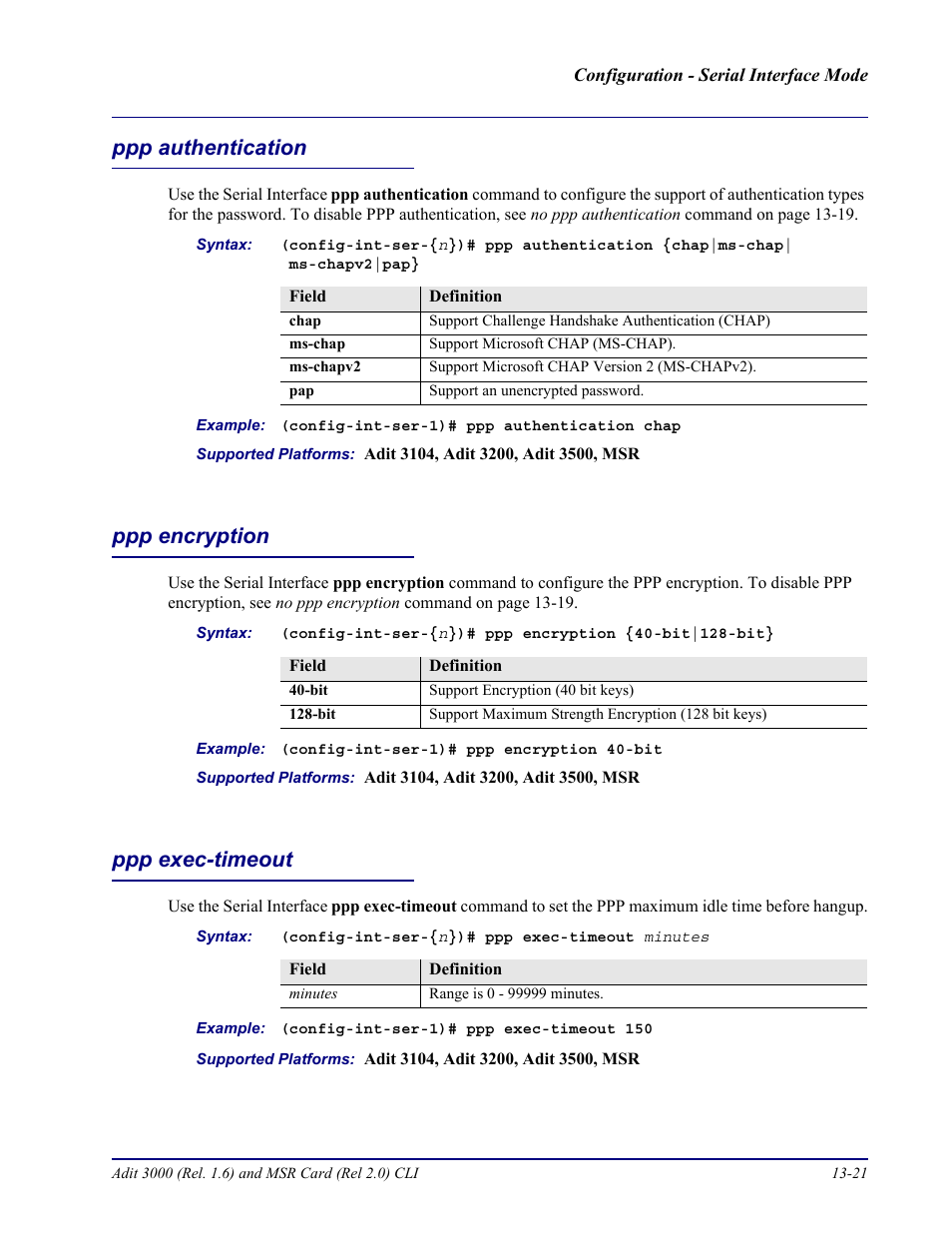 Ppp authentication, Ppp encryption, Ppp exec-timeout | Carrier Access Adit 3000 Series and Multi-Service Router (MSR) Card none User Manual | Page 317 / 496