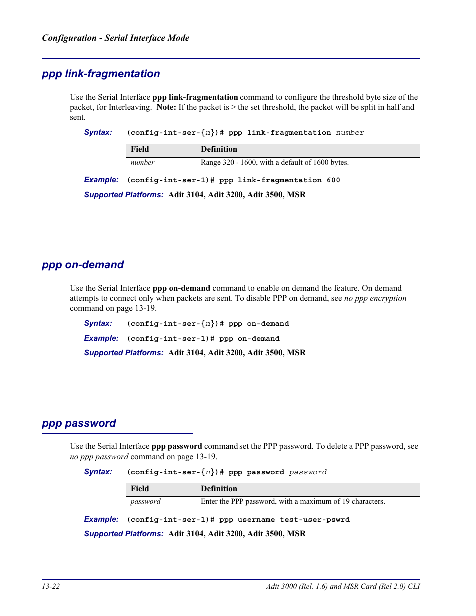 Ppp link-fragmentation, Ppp on-demand, Ppp password | Carrier Access Adit 3000 Series and Multi-Service Router (MSR) Card none User Manual | Page 318 / 496