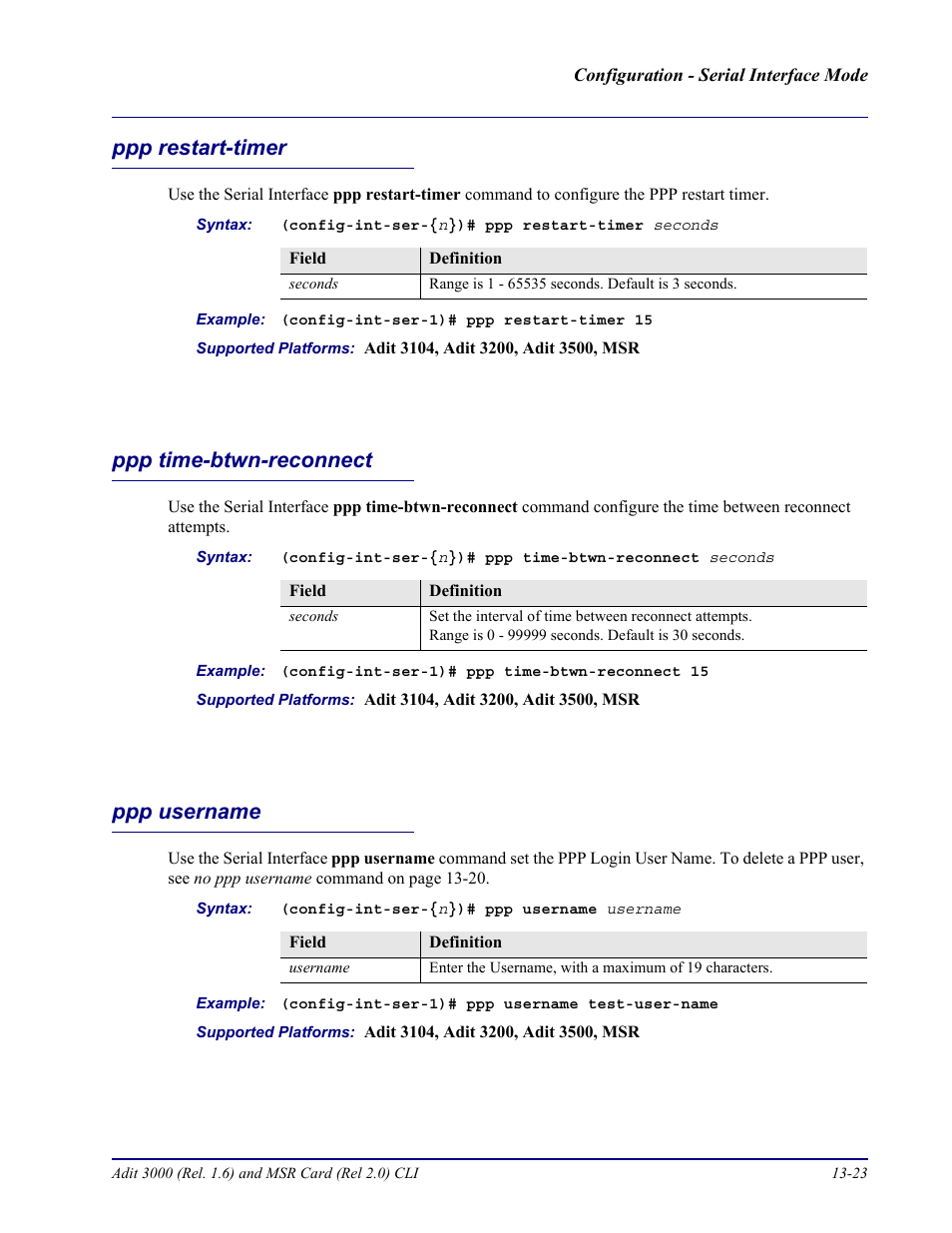 Ppp restart-timer, Ppp time-btwn-reconnect, Ppp username | Carrier Access Adit 3000 Series and Multi-Service Router (MSR) Card none User Manual | Page 319 / 496