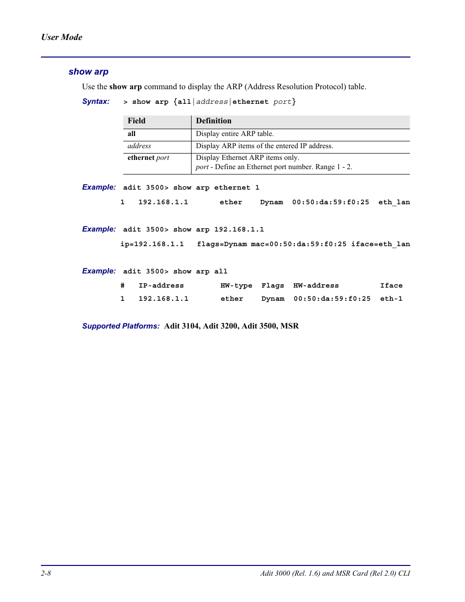 Show arp | Carrier Access Adit 3000 Series and Multi-Service Router (MSR) Card none User Manual | Page 32 / 496