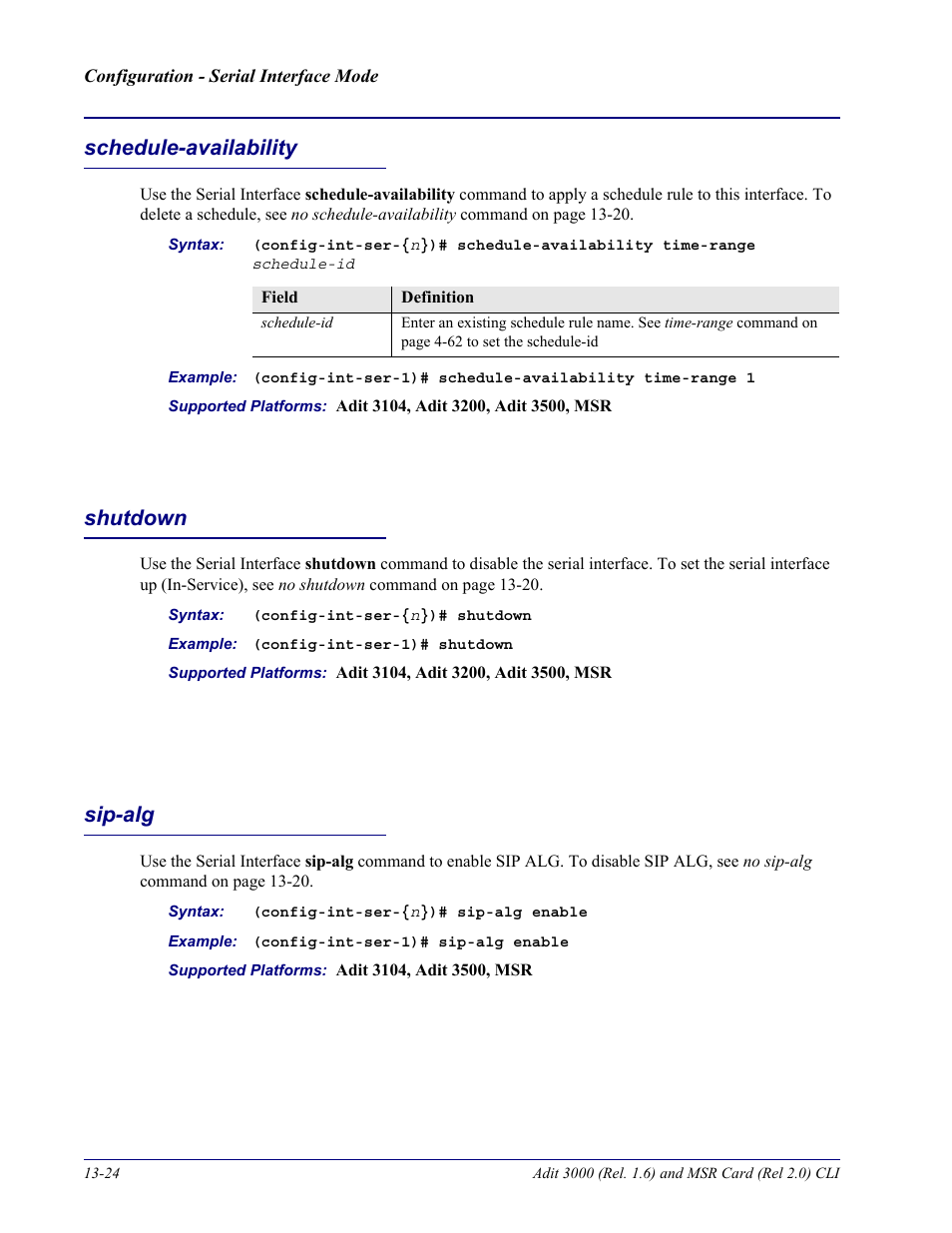 Schedule-availability, Shutdown, Sip-alg | Schedule-availability -24, Shutdown -24 sip-alg -24 | Carrier Access Adit 3000 Series and Multi-Service Router (MSR) Card none User Manual | Page 320 / 496