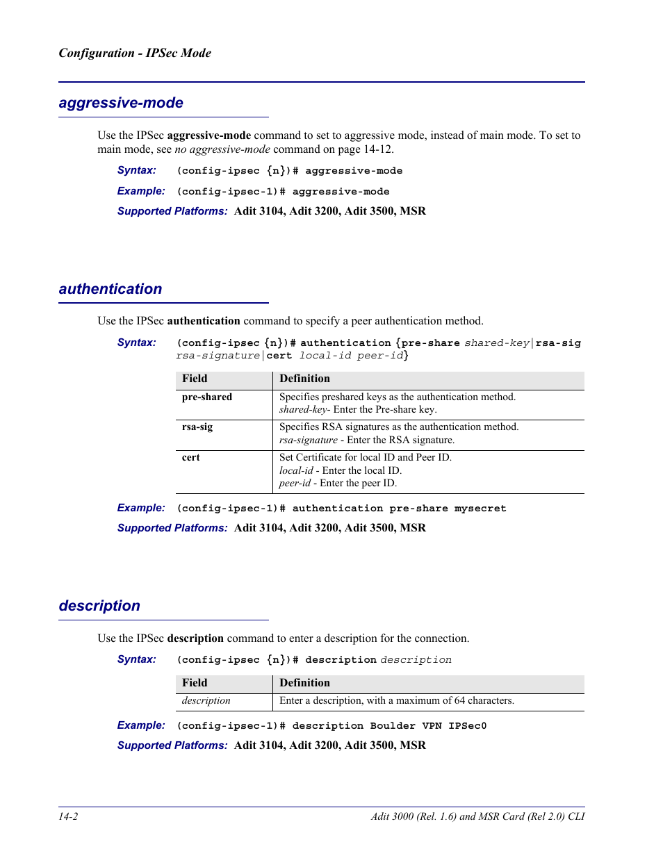 Aggressive-mode, Authentication, Description | Carrier Access Adit 3000 Series and Multi-Service Router (MSR) Card none User Manual | Page 322 / 496