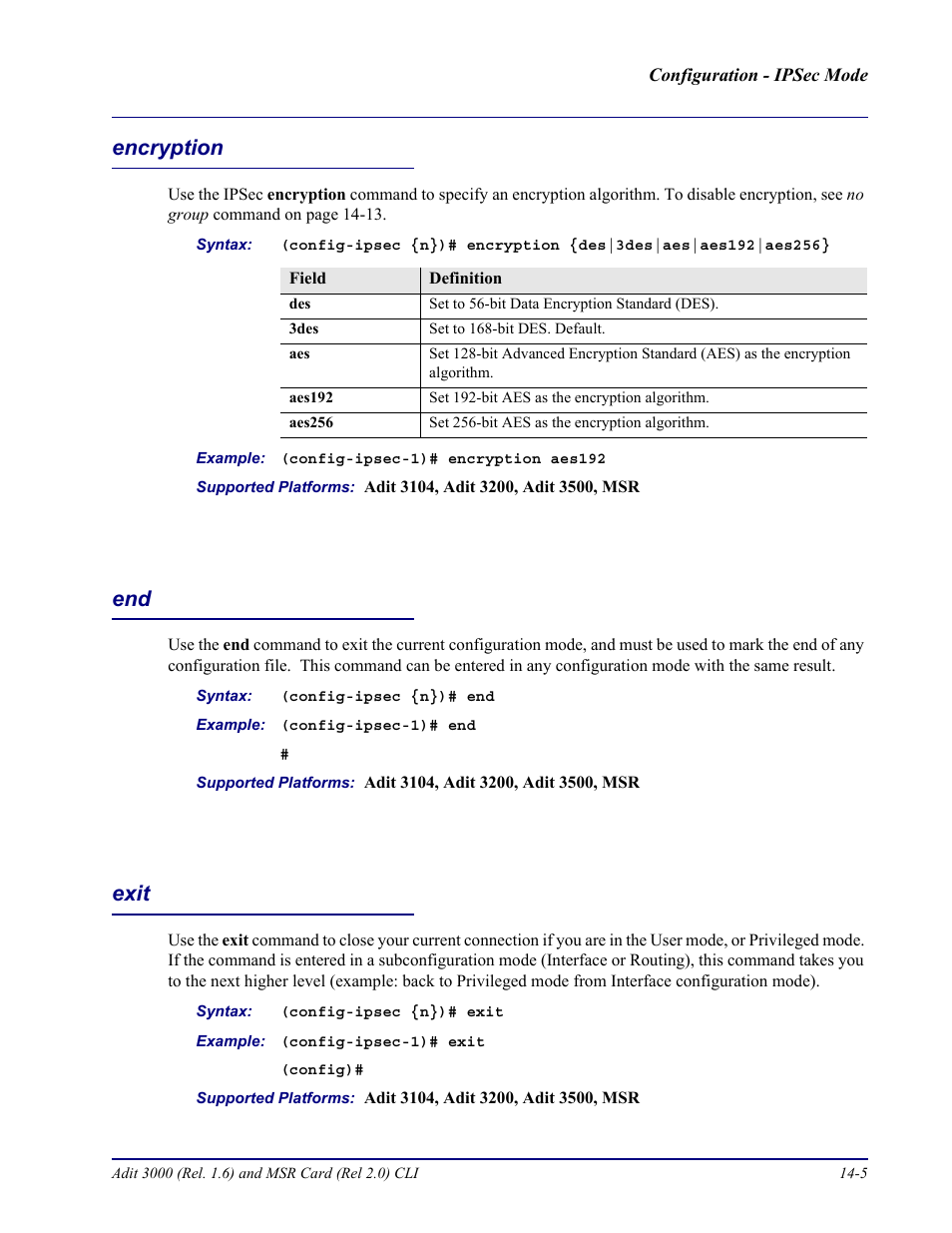 Encryption, Exit, Encryption -5 end -5 exit -5 | Carrier Access Adit 3000 Series and Multi-Service Router (MSR) Card none User Manual | Page 325 / 496